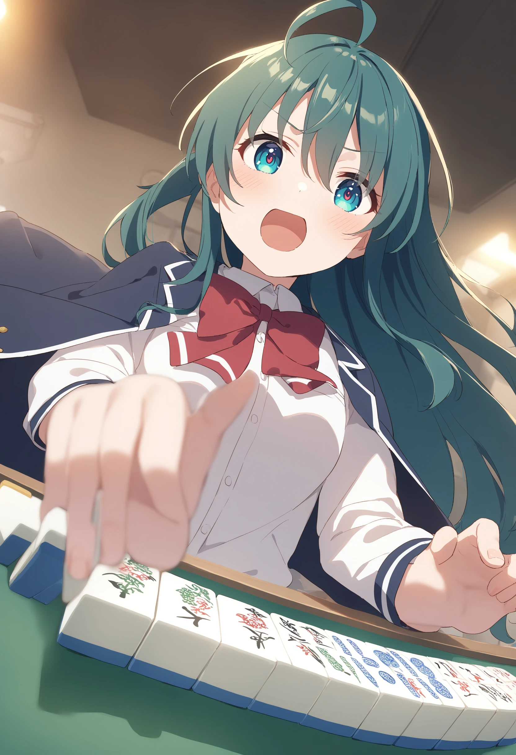 1girl,sincos, ningen mame, toosaka asagi,solo,medium breasts,school uniform,
mahjong, mahjong tile, mahjong table, board game, playing games,<lora:mahjong_XL_v1:1.0>
ceiling, cinematic angle, looking ahead, water eye, open mouth,green hair, aqua eyes,
best quality, very aesthetic, absurdres,