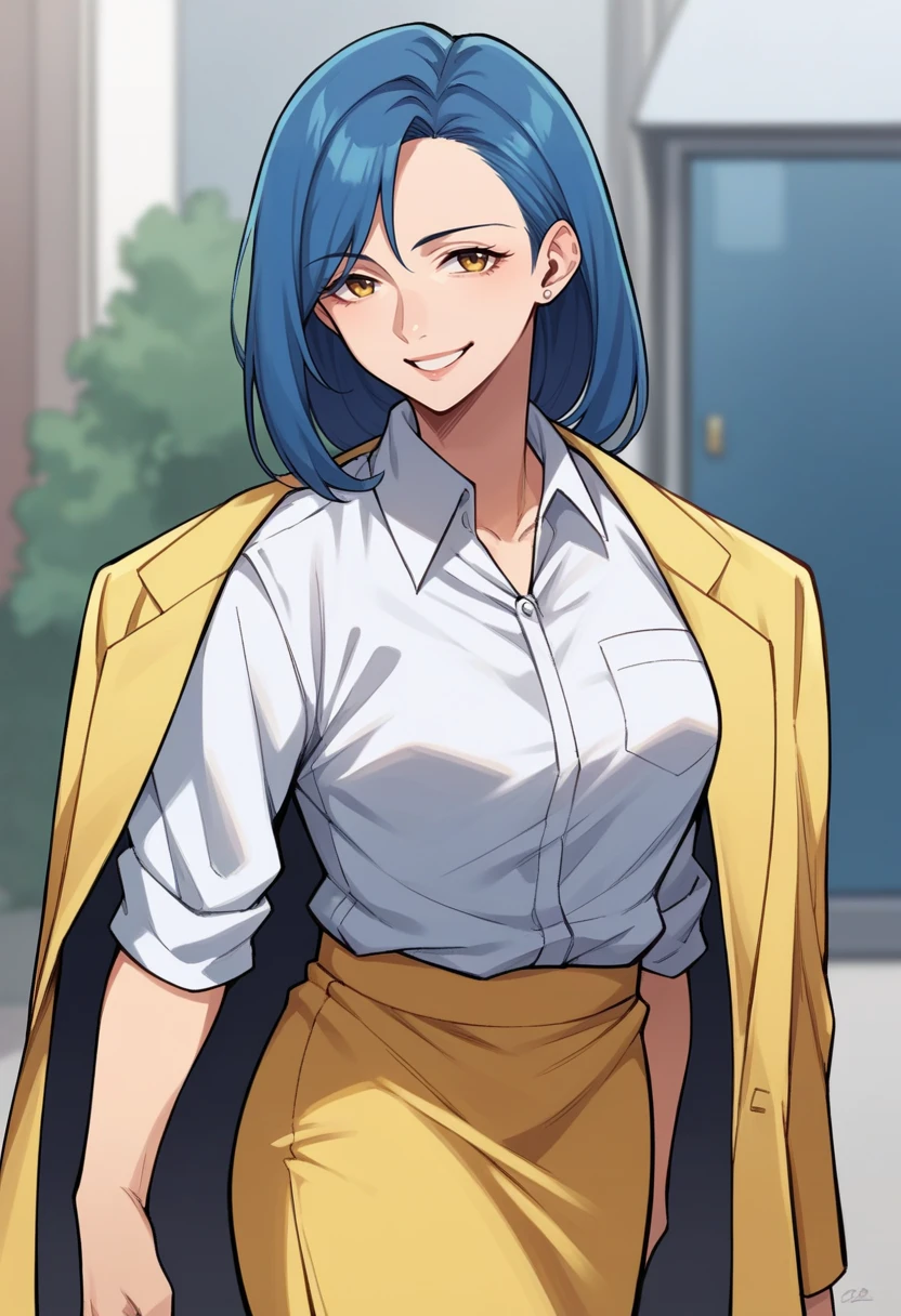 score_9, score_8_up, score_7_up, source_anime BREAK 1girl, solo,  <lora:zs_TakamiXL:1> takamip1, blue hair, medium hair, yellow jacket on shoulders, white formal shirt, yellow pencil skirt, pantyhose, mature female, cowboy shot, smile