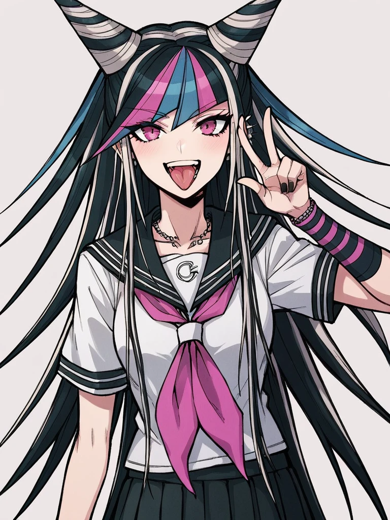 score_9, score_8_up, score_7_up, 1girl, Mioda Ibuki, black hair, white hair, pink hair, blue hair, very long hair, hair horns, pink eyes,

school uniform, short sleeves, serafuku, black skirt, looking at viewer, smile, pretty, peace, v, black nails, tongue out, open mouth,