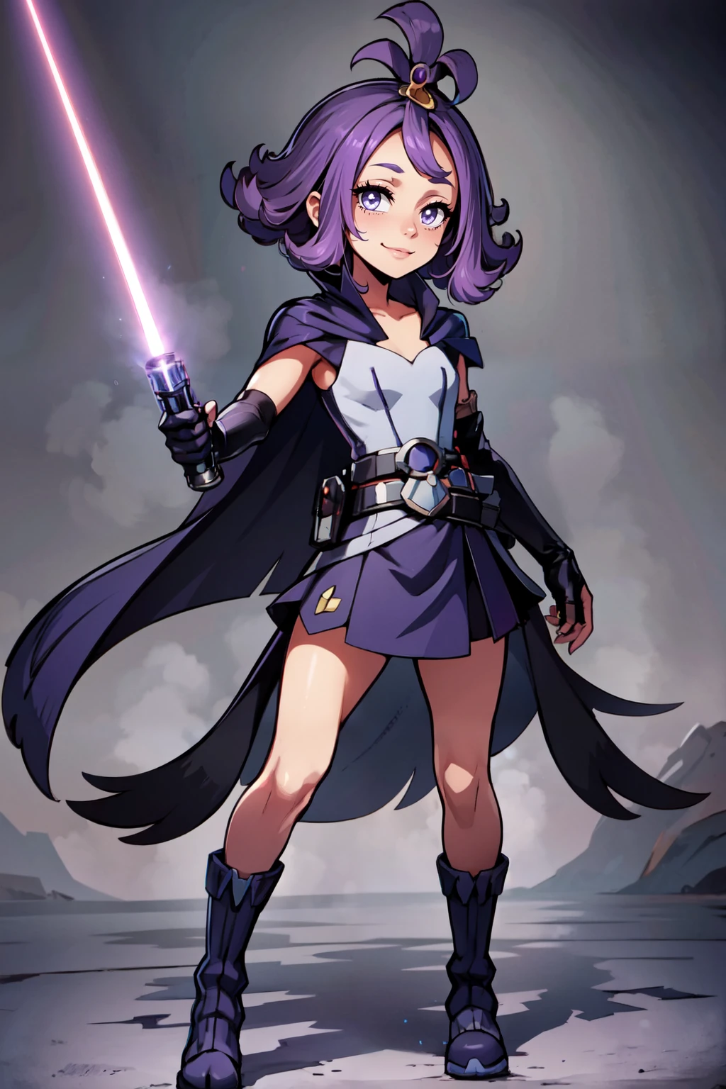 ((masterpiece,best quality)), ,<lora:LightSaber:0.8>, zzLightSaber, gloves, boots, elbow gloves, belt, cape, <lora:Acerola_Pokemon:0.8>, acerola (pokemon), purple hair, purple hair, topknot, flipped hair, smile, looking at viewer,