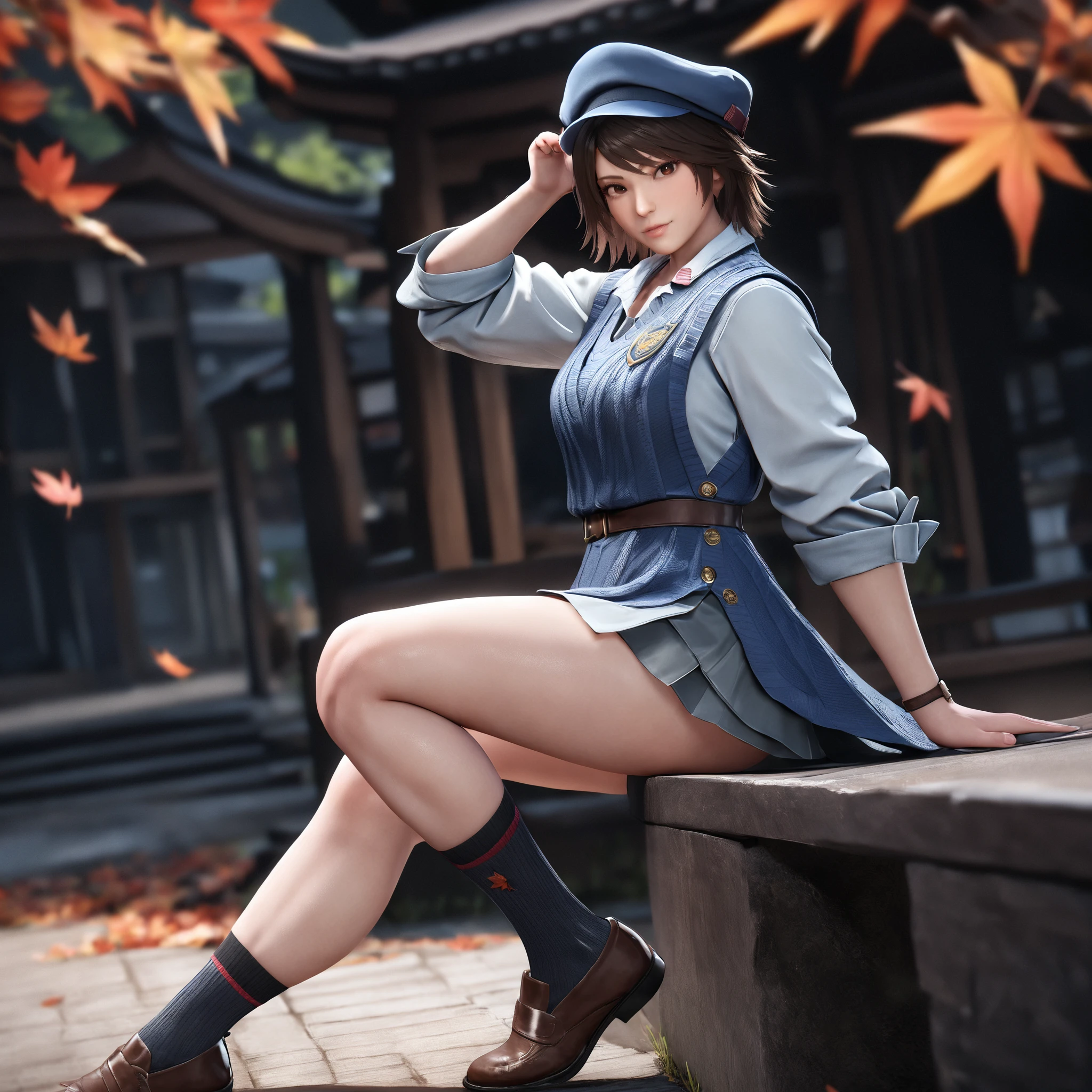 masterpiece, best quality, very aesthetic, absurdres, 1girl, asuka, brown hair, looking at viewer, hat, brown eyes, maple leaf, wind lift, socks, from side, short hair, <lora:asuka_animagineXLV31:0.7>  <lora:lily_style_xl:0.7>