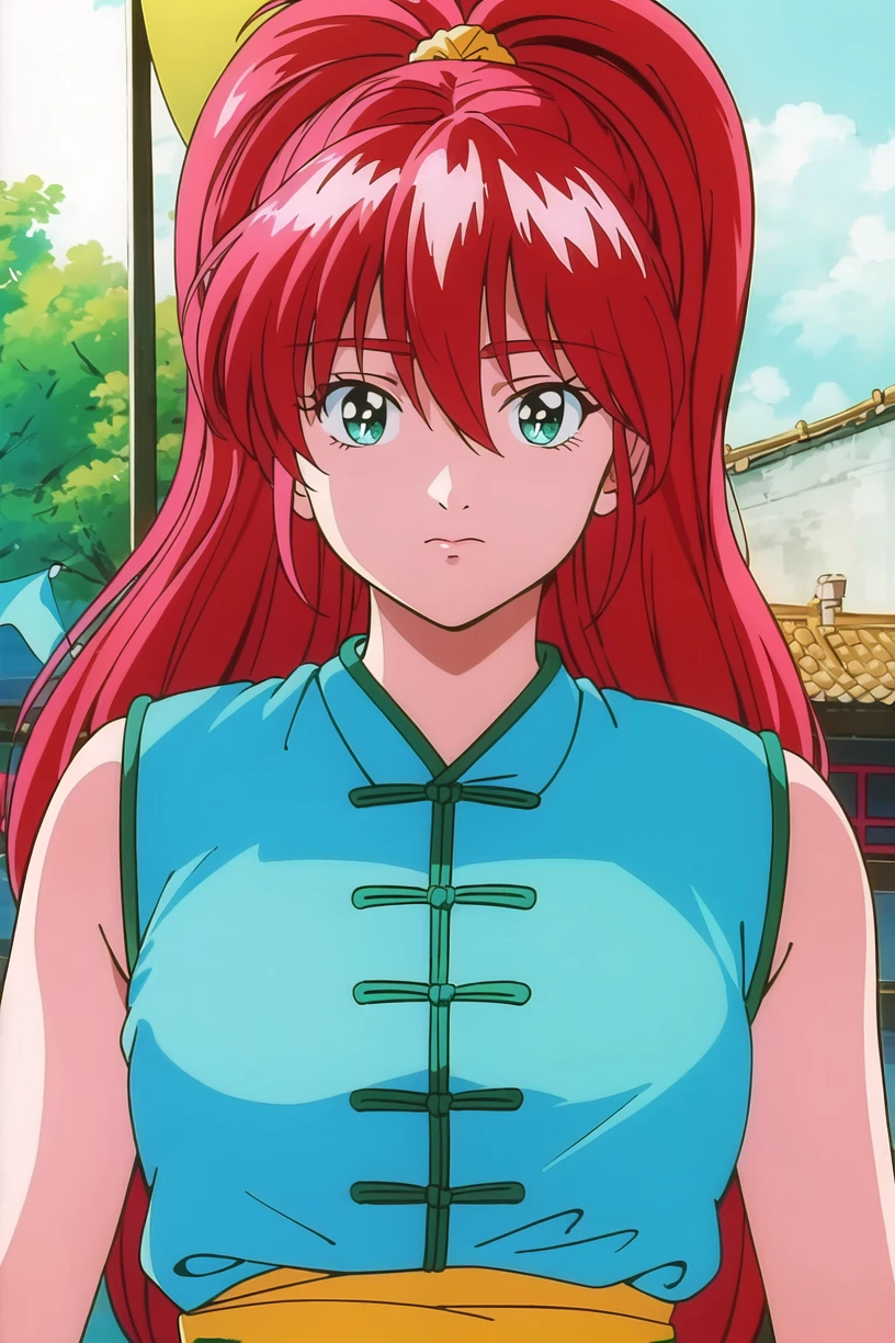 best quality,masterpiece,looking at viewer,1girl,absurdres,
depth of field,retro artstyle,1990s \(style\),<lora:021-ä¸åå°å½å®¶-卿¢
丽V2:0.7>,zhou meili,red hair,long hair,green eyes,ponytail,cyan chinese clothes,cyan vest,sleeveless,cloth belt,