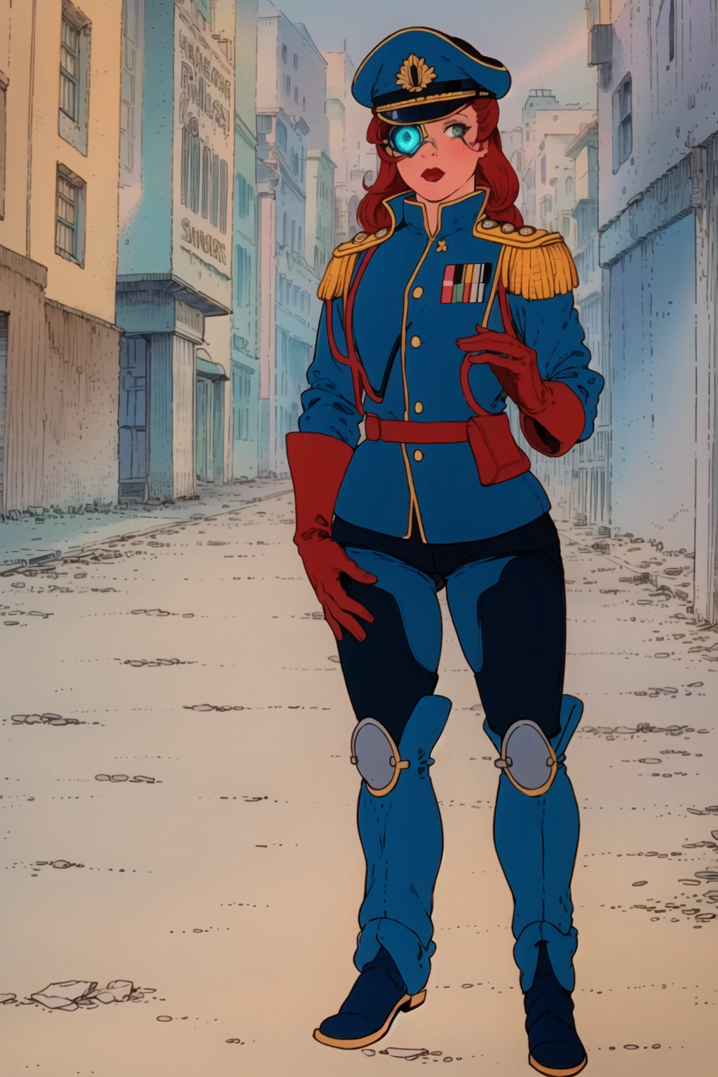 HeavyMetal1981 style, retro artstyle, 1girl,  warhammer_40k_commissar, black uniform, green eyes, red hair, long hair, (bionic eye:1.3), looking at viewer, white gloves, full body <lora:HeavyMetalStyle-09:0.9>  <lora:warhammer40commissarv2:1>