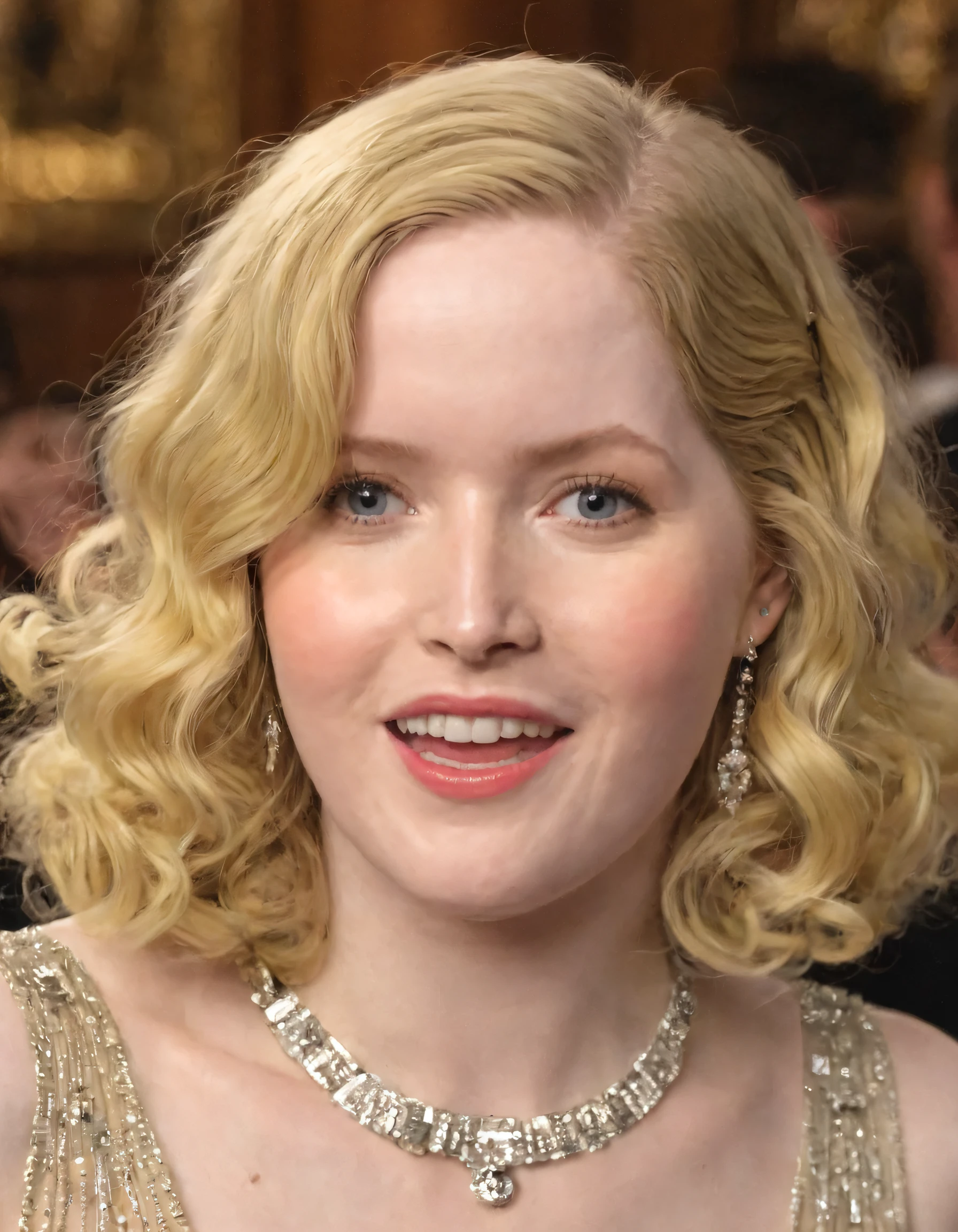 Inside the 1920s-themed speakeasy, Ellie Bamberâa golden vision with blonde hair styled in voluminous curls and a captivating flapper dressâgracefully commands attention as her parted lips reveal blue eyes gazing straight at viewers; her long hair, teeth, and jewelry adorn her as she flashes a stunning smile, while holding the bar's brass pocket button, embodying the essence of the Prohibition era's enigmatic allure. <lora:njyozv18f1bdf8720x42:1>