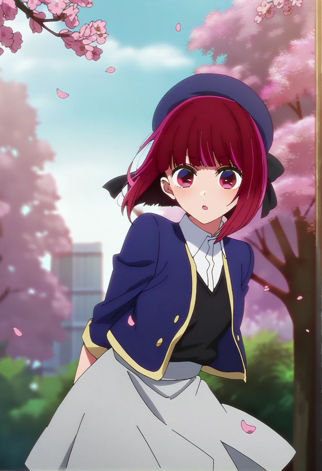 <lora:arimakana_ponyxl_v4:1>, 1girl, arimakana, blue hat, beret, school uniform, white collared shirt, blue jacket, black vest, grey skirt, pink bow, looking at viewer, tree, cherry blossoms, falling petals,
BREAK
score_9, score_8_up, score_7_up, score_6_up, score_5_up, score_4_up, anime, screencap