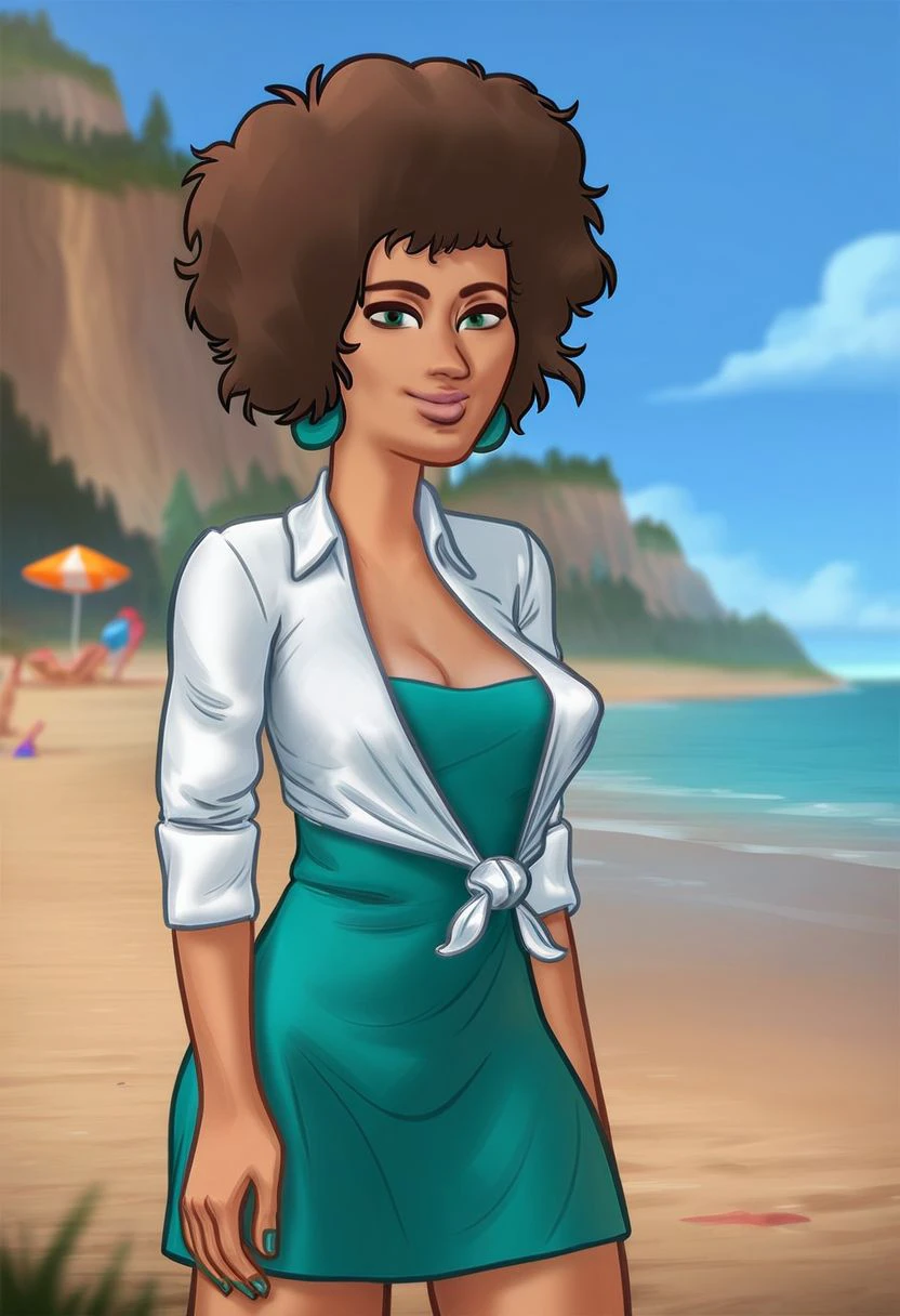 score_9, score_8_up, score_7_up, score_6_up, score_5_up, score_4_up, ((low depth of field)), <lora:SummertimeSagaXL_Pony:0.4>, (Drawn in the style of summertime saga), (beautiful landscape),
BREAK
<lora:stsRoss-10e:0.7>, stsross standing on beach, 1girl, medium breasts, green eyes, green nails, brown hair, afro, green earings, green dress, white shirt, tied shirt, looking at viewer, smile