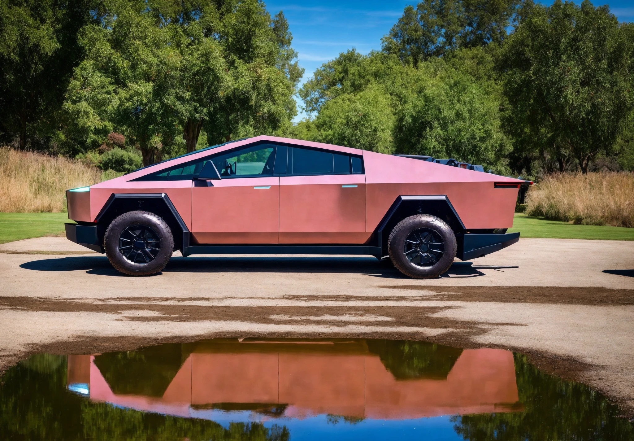 <lora:Tesla Cybertruck:0.9>,Tesla Cybertruck,pink cybtruk,outdoors,sunny,[LEDs:1.1],[lights],RTX reflections,water puddles,tyre smoke,