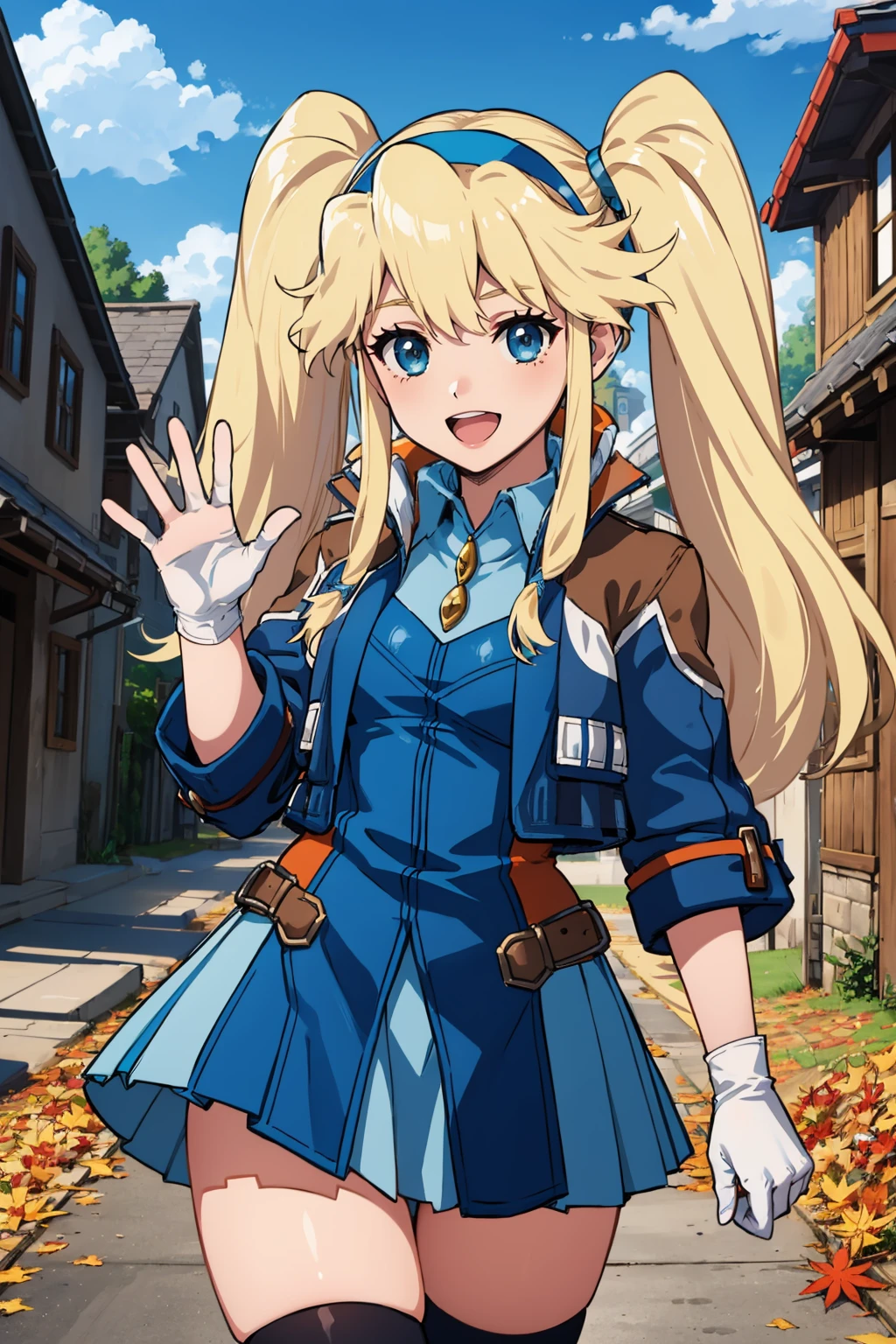 masterpiece, best quality, 1girl, <lora:clarissaarwin-nvwls-v1-000010:0.9> clarissa arwin, hairband, twintails, blue jacket, white gloves, pleated skirt, blue thighhighs, :D, looking at viewer, waving, village, autumn