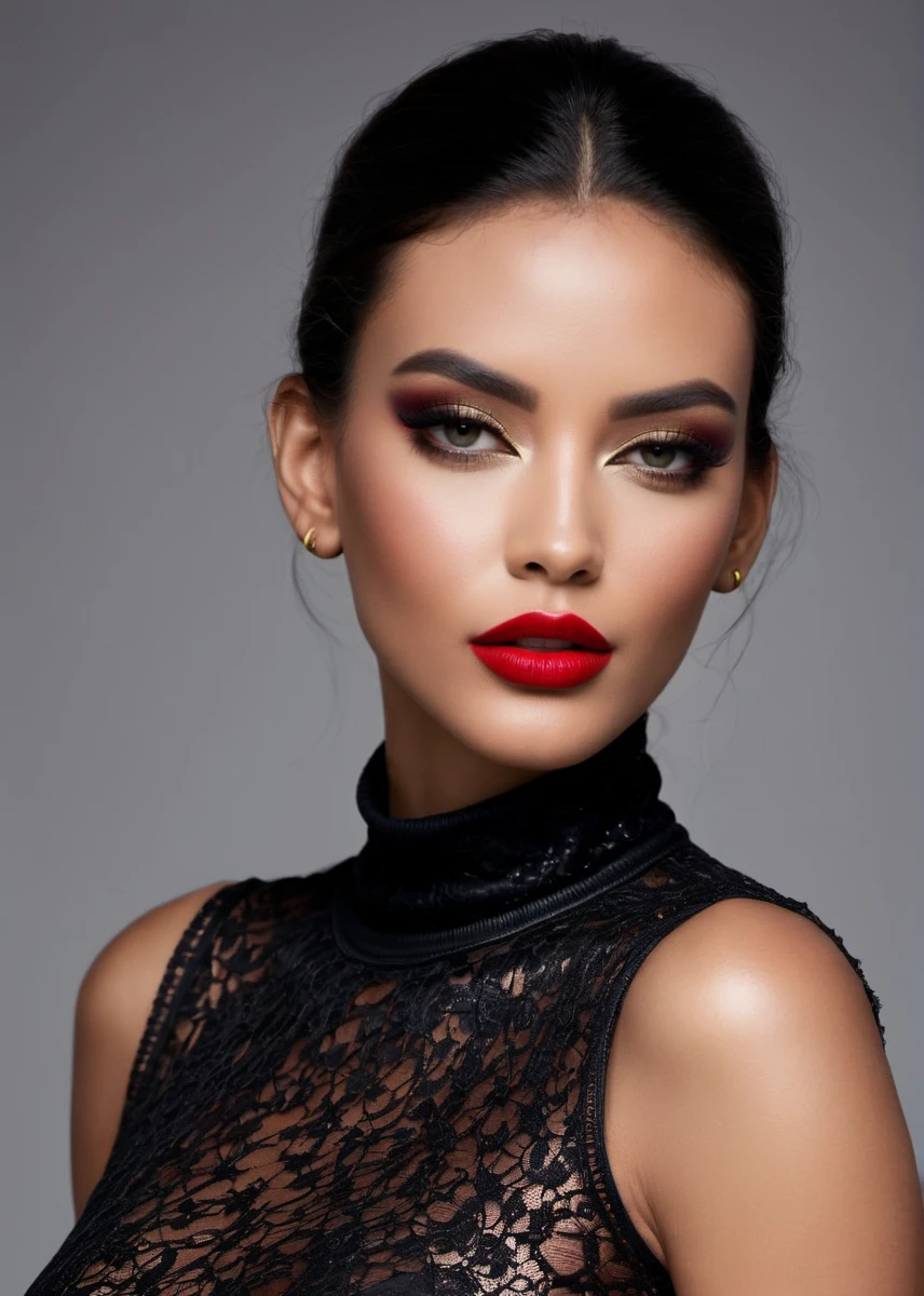 fashion editorial style, half body of A captivating masterpiece of an woman, (((dressed in a turtleneck Blouse))), The intricate lace and gold details exude a very rebellious aura. ((A bold and daring makeup look featuring ombre lips that transition from a deep, dark red at the center to a glossy black at the outer edges. The lips are expertly lined and filled in with precision, creating a gradient effect that is both edgy and sophisticated)). ((The use of high-shine gloss adds a touch of glamour and dimension to the look)), ((while the deep red and black hues give it a dramatic, vampy vibe)), low-key photography:1.3, one rim side light, narrow lighting, only one light source, facing camera, shallow depth of field, high fashion, trendy, stylish, editorial, magazine style, professional, highly detailed, 8K, <lora:MS_SamanthaCruuz_V1_SDXL:0.8>