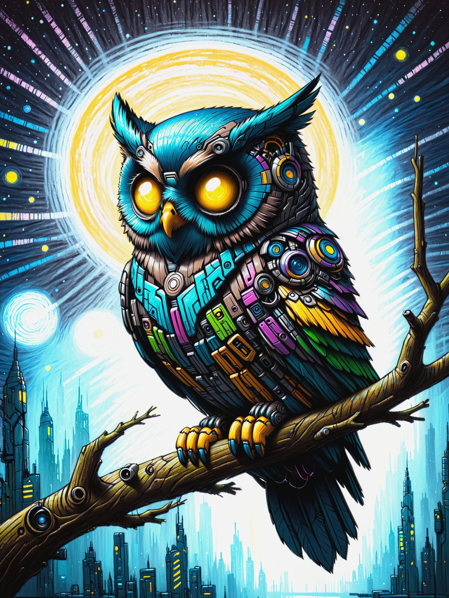 mad-crayon owl perched on a tree branch, cyberpunk, starry night <lora:Neon_Cyberpunk_Crayon_SDXL:1>, (masterpiece:1.2), best quality