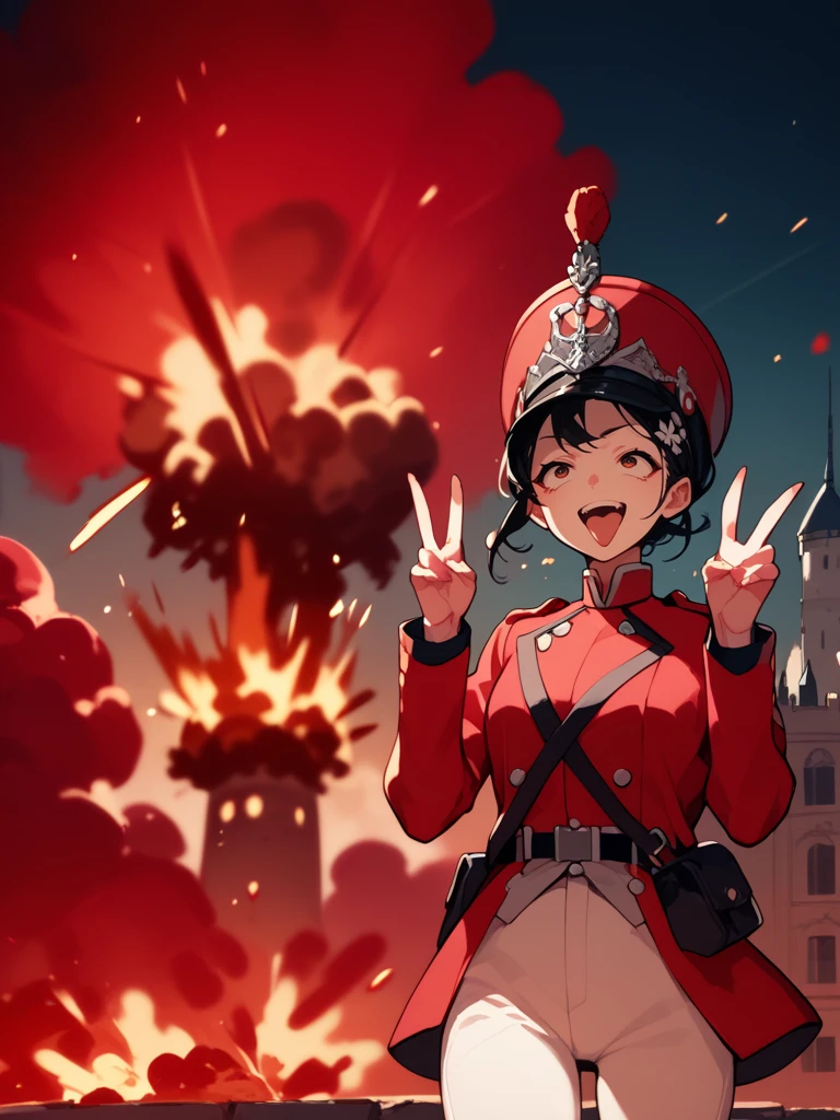 score_9,score_8_up,score_7_up,source_anime,rating_safe,<lora:em_soldier:0.8>,early modern soldier,1 girl,solo,long black hair,white pants,red jacket,red hat,<lora:ahebomb_pony:1>,ahebomb,explosion,european castle,double v,