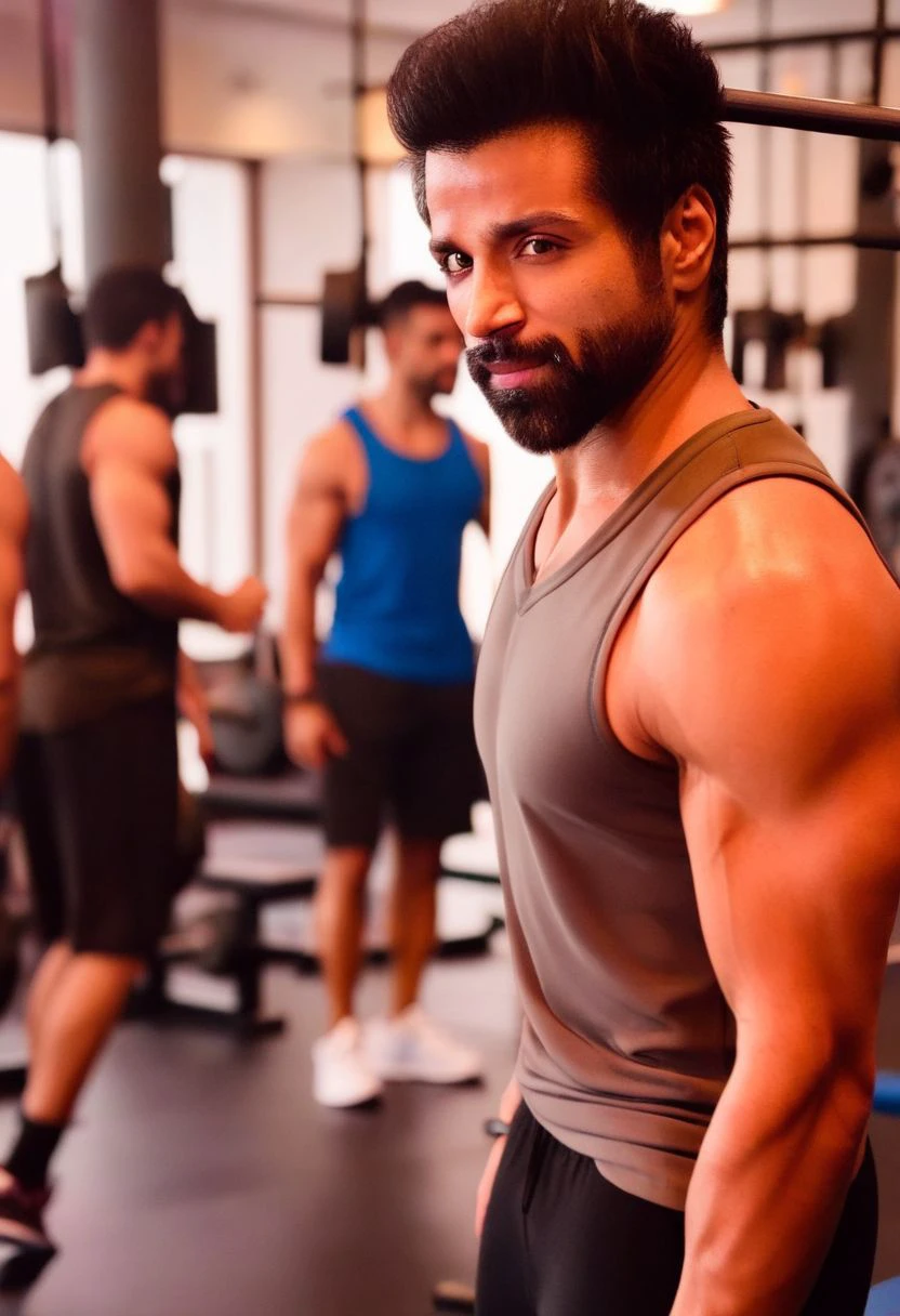 4k, mike vogel a man <lora:Rithvik-Dhanjani_Mike-Vogel:1> in the gym, sweaty, muscular, abs, pecs, slight smile, back to camera, flexing, guys in the background admiring him.