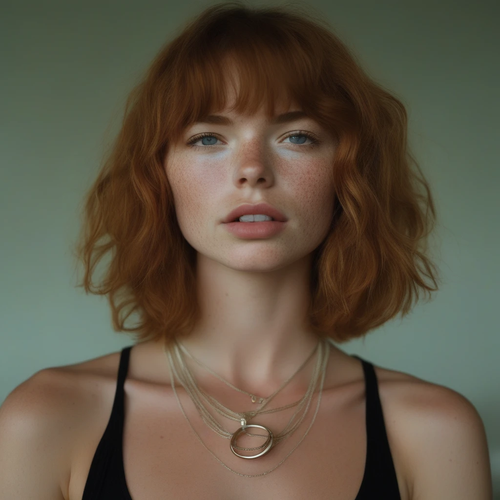 ring, upper body, blurry, necklace, holding, tank top, parted lips, solo, freckles, cleavage
