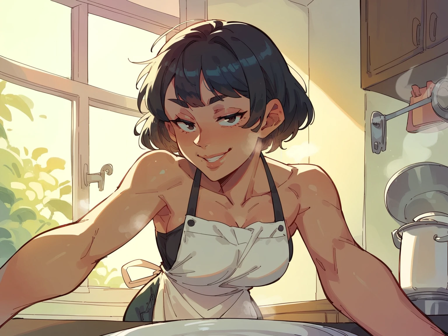 score_8_up, score_7_up, pov selfie, portrait of beautiful woman in white apron, seductive smile, bare shoulders, short black bob hair, kitchen, window, steam, <lora:sxz-bqt-smol-pdxl:0.8> bqt style