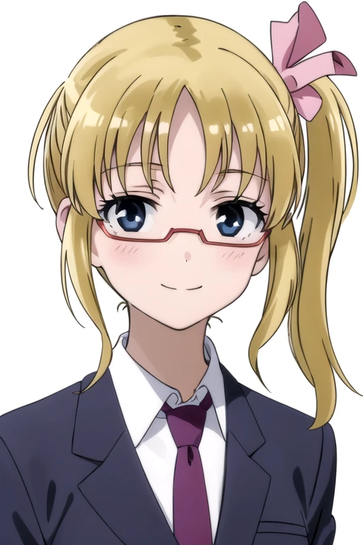 solo, 1girl, looking at viewer, 2D, anime, anime coloring, upper body, (simple background, solid white background:1.3), <lora:kaori-saki:0.7>, kaori senoo, school uniform, jacket, necktie, smile