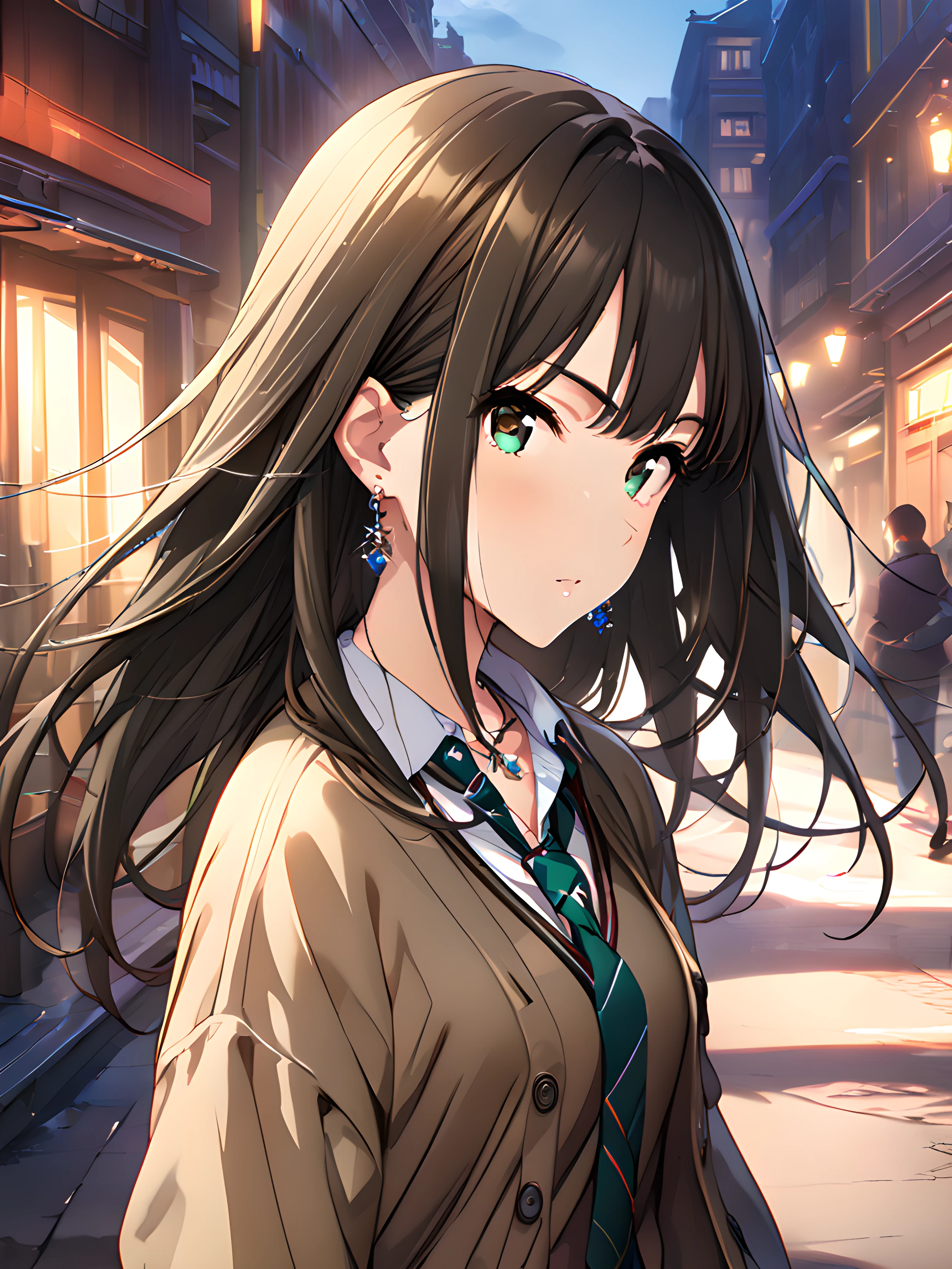 (masterpiece),(best quality),(ultra-detailed),(best illustration),(best shadow),(absurdres),(detailed background),(very aesthetic), rin shibuya, casualoutfit, 1girl, solo, long hair, jewelry, brown hair, necktie, necklace, school uniform, cardigan, earrings, upper body view, <lora:rinshibuyav1:1>