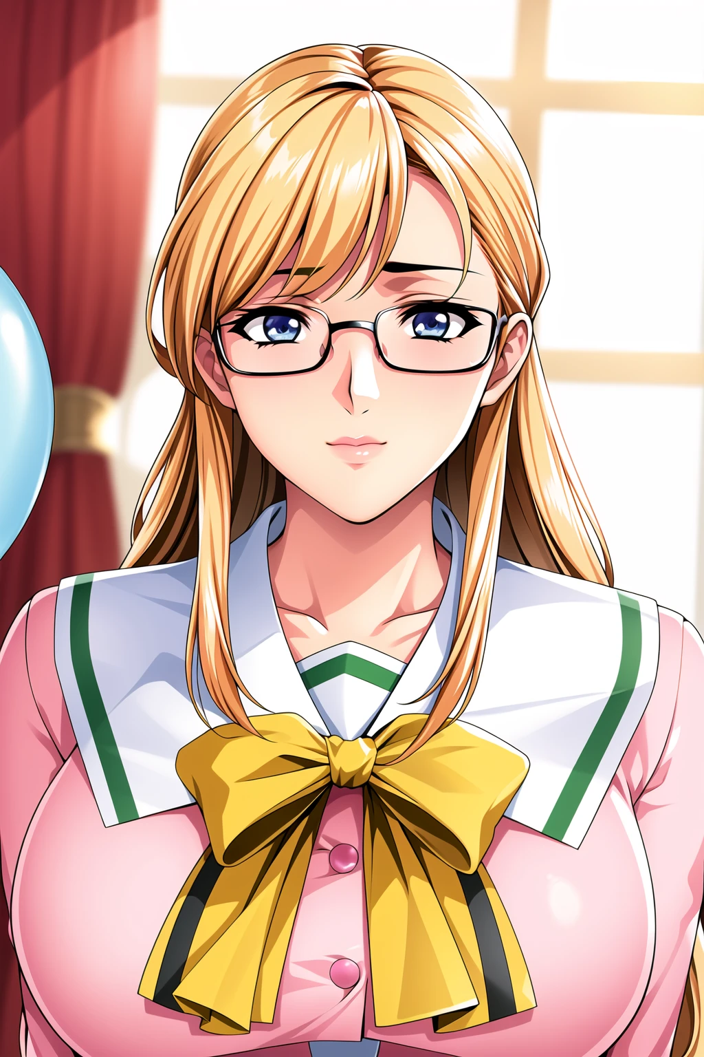 Simple pink Background,
dynamic pose,standing at attention,
pink shirt,white sailor collar, school_uniform, serafuku,long_sleeves,Yellow_bowtie,
<lora:Shuusaku_KKSTYLE-KK77-V1:0.7>,Green skirt,pleated skirt,glasses, 
blonde_hair,Long_hair,Blue_eyes,blunt bangs, 
<lora:Oda_Non_Style-KK77-V2:0.3>,<lora:more_details:0.1>,
1 girl, 20yo,Young female,Beautiful long legs,Beautiful body,
Beautiful Nose,Beautiful character design, perfect eyes, perfect face,expressive eyes,perfect balance,
looking at viewer,(Focus on her face),closed mouth, (innocent_big_eyes:1.0),(Light_Smile:0.3),
official art,extremely detailed CG unity 8k wallpaper, perfect lighting,Colorful, Bright_Front_face_Lighting,White skin,
(masterpiece:1.0),(best_quality:1.0), ultra high res,4K,ultra-detailed,
photography, 8K, HDR, highres, absurdres:1.2, Kodak portra 400, film grain, blurry background, bokeh:1.2, lens flare, (vibrant_color:1.2),professional photograph,
(Beautiful,large_Breasts:1.4), (beautiful_face:1.5),(narrow_waist),