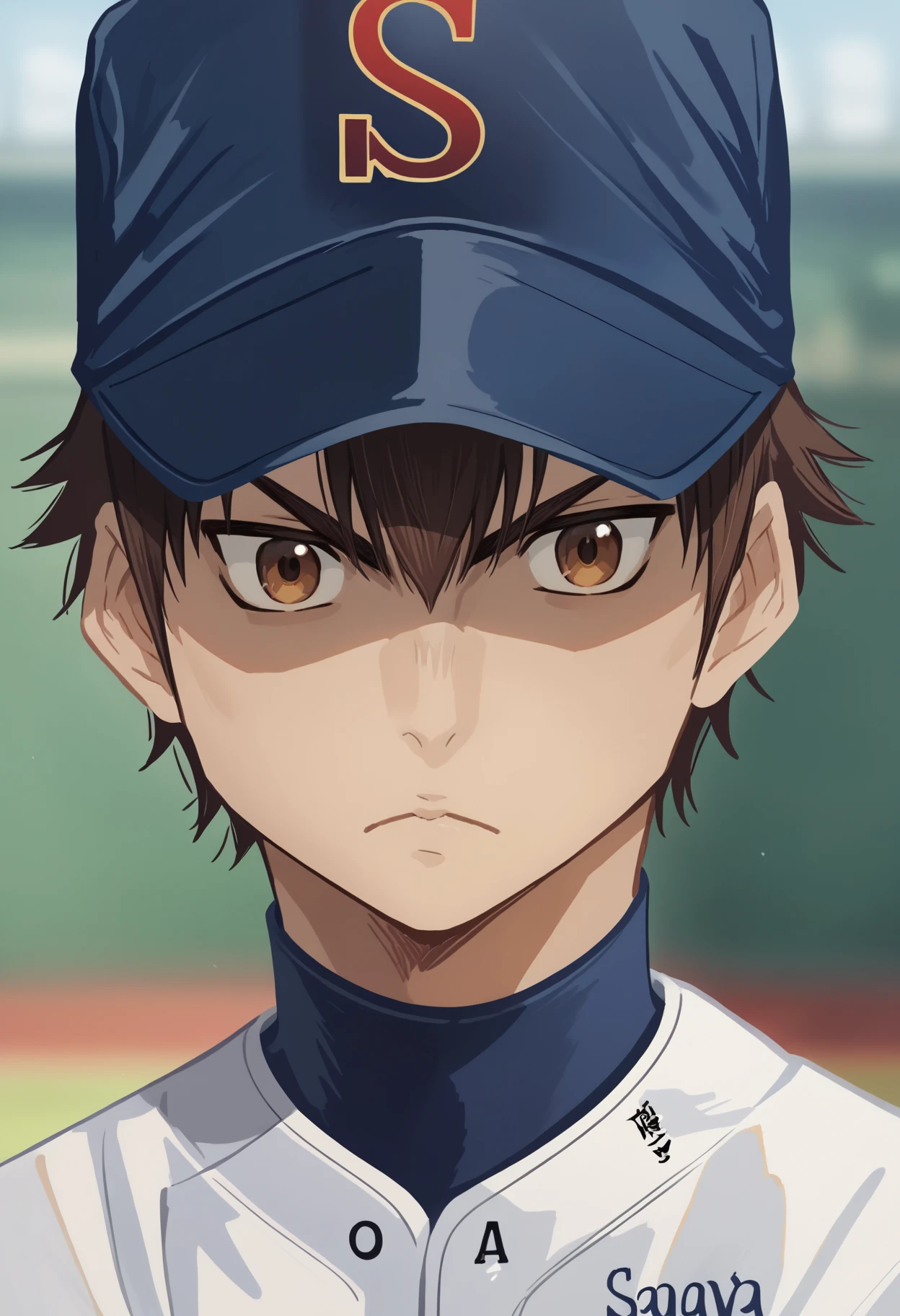 score_9, score_8_up, score_7_up, source_anime, RythSawaPony, Sawamura Eijun \(Ace of Diamond\), 1boy, brown hair, portrait, looking at viewer, baseball uniform, expressionless, <lora:SawamuraEijunPony:1>,