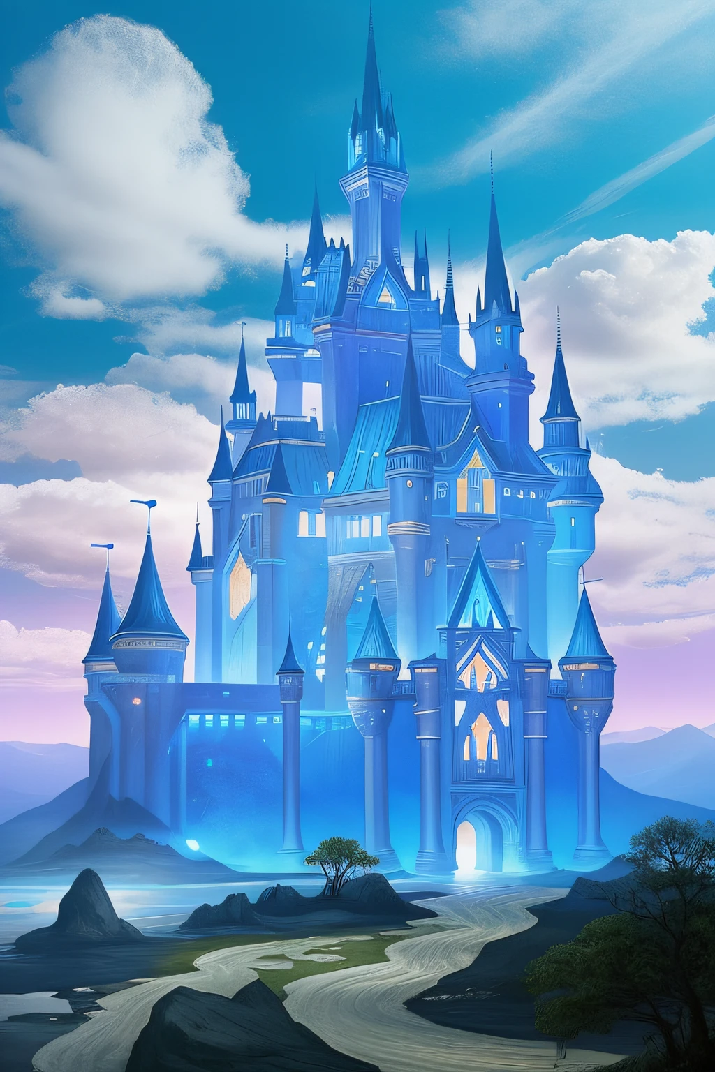 <lora:NostalgiaForAPlace:1> nostalgiaforaplace, a fantasy castle and a really bright and vivid environment, blu sky