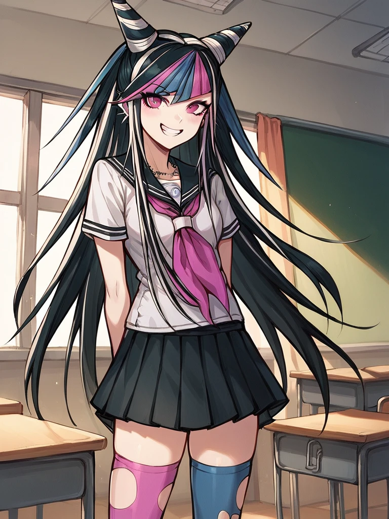 score_9, score_8_up, score_7_up, 1girl, Mioda Ibuki, black hair, blue hair, pink hair, white hair, very long hair, hair horns, pink eyes,

school uniform, short sleeves, black skirt, mismatched legwear, 

smile, looking at viewer, standing, classroom, arms behind back,