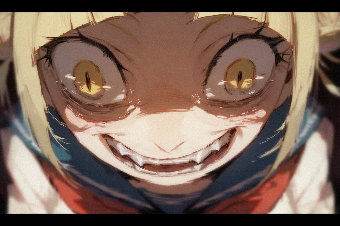 <lora:insanity-angle:1>, score_9, score_8_up, score_7_up, insanity-angle, 1girl, letterboxed, toga himiko, blonde hair, short hair, sidelocks, slit pupils, yellow eyes, blue sailor collar, double bun, messy hair, red neckerchief, serafuku, blush, crazy smile,