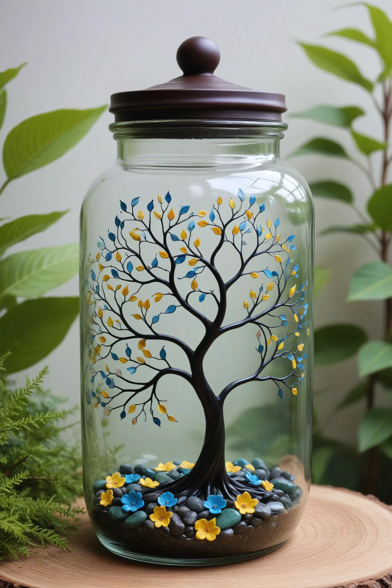 adult nymph tale the product i am envisioning is a decorative glass jar, featuring a hand painted tree design. the tree, with its intricate blue and yellow spiral patterns, stands tall within the confines of the jar. the dark brown trunk of the tree winds its way upwards, providing support to the lush foliage. at the base of the tree, an array of colorful flowers bloom, adding vibrancy to the scene. the background within the jar showcases a black silhouette of swirling clouds, creating a sense of depth and dimension. the entire artwork is set on a bed of green leaves and small rocks, further enhancing the naturalistic feel of the piece. this jar can be used as a centerpiece or as a unique home decoration item, showcasing creativity and artistic flair. . magical, fantastical, enchanting, storybook style, highly detailed