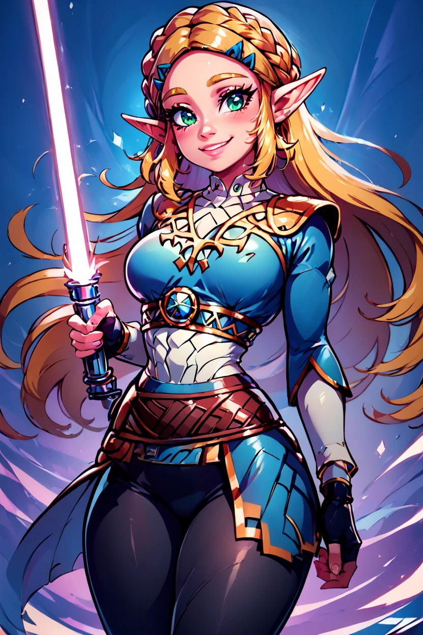 score_9, score_8_up, score_8, medium breasts, (curvy), cute, eyelashes, holding a zzLightSaber, princess zelda, long hair, crown braid, hairclip, pointy ears, blue shirt, long sleeves, fingerless gloves, black gloves, black pants, tight pants, green eyes, solo, looking at viewer, smile, blush, <lora:LightSaberP1:1>, <lora:Vivid:0.8>, embedding:zPDXL,