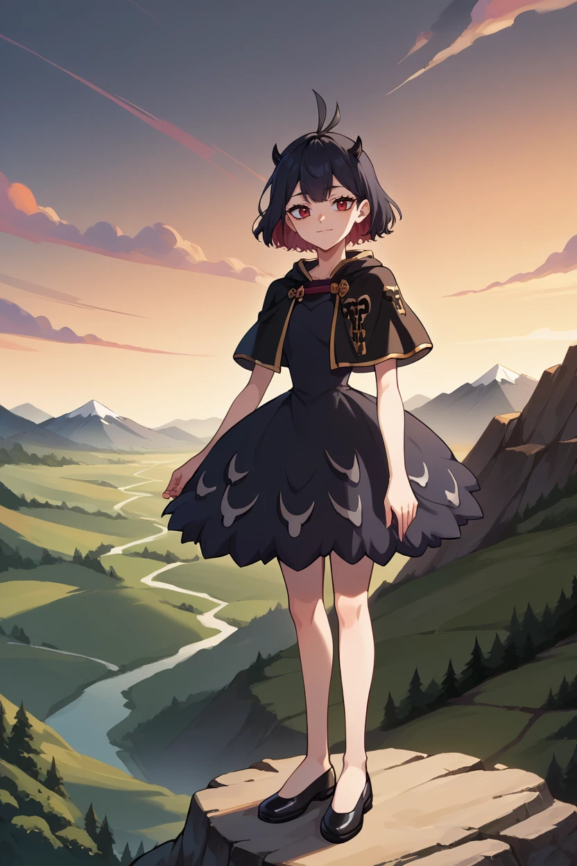 score_9, score_8_up, score_7_up, score_6_up, source_anime, BREAK 1girl,  <lora:secre-pdxl-nvwls-v1-000006:1> secre, horns, black hair, black capelet, black dress, smile, looking at you, closed mouth, sunset, cliff, mountains, landscape, black shoes