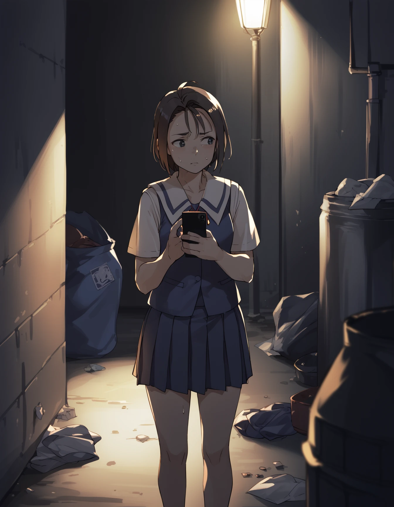 score_9, score_8_up, score_7_up <lora:kazama-akira-ponyxl-000013:1> rskzm, serafuku, blue vest,
smartphone, looking to the side, nervous sweating, alley, dim lighting, trash, night