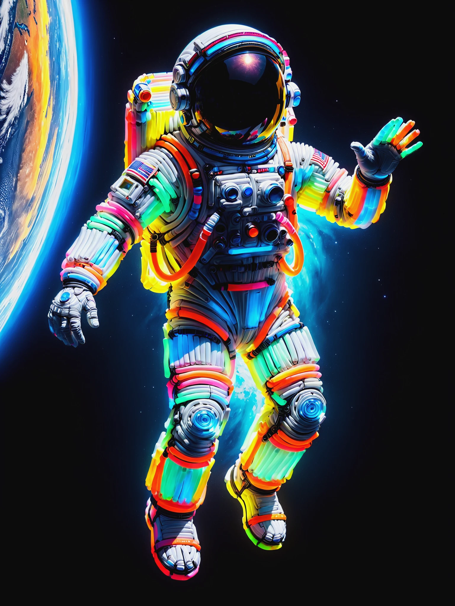 colorful astronaut mad-glowstick, floating in orbit of earth-, dynamic pose, great lighting <lora:Glowstick_SDXL:1.2>, (masterpiece:1.2), best quality, (hyperdetailed, highest detailed:1.2), high resolution textures