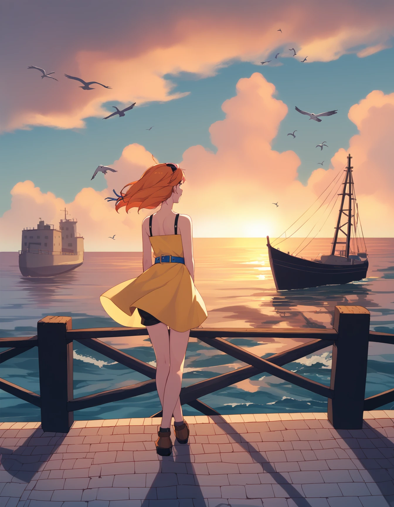 score_9,  score_8_up, score_7_up <lora:aika-arcadia-ponyxl-000035:1> aika, short dress, yellow dress, blue belt, short shorts, black shorts,
arms behind back, bird, blue sky, bush, cloud, looking up, ocean, river, fence, lamppost, ocean, outdoors, pastel colors, wind, seagull, shadow, sky, sunset, wall, orange sky, clouds, godrays, sunbeams, sunset, overlooking ocean, bridge, steam, boats, cobblestone, bricks