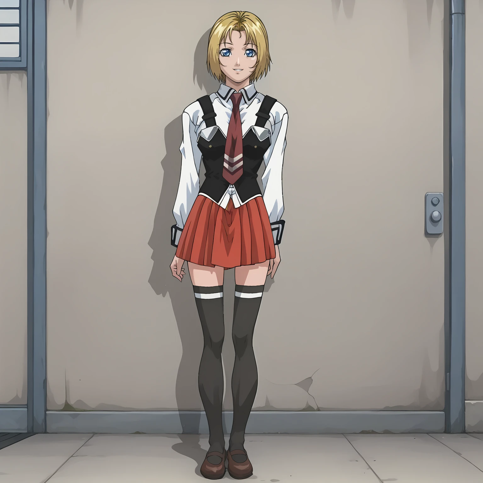 <lora:KitamiReika12YAXLpony001>,smile,parted lips,
solo,
KitamiReika12YA,1girl,blonde hair,short hair,forehead,blue eyes,
school uniform,white shirt,strap,vest,red tie,
red skirt,
thighhighs,
full body,standing,