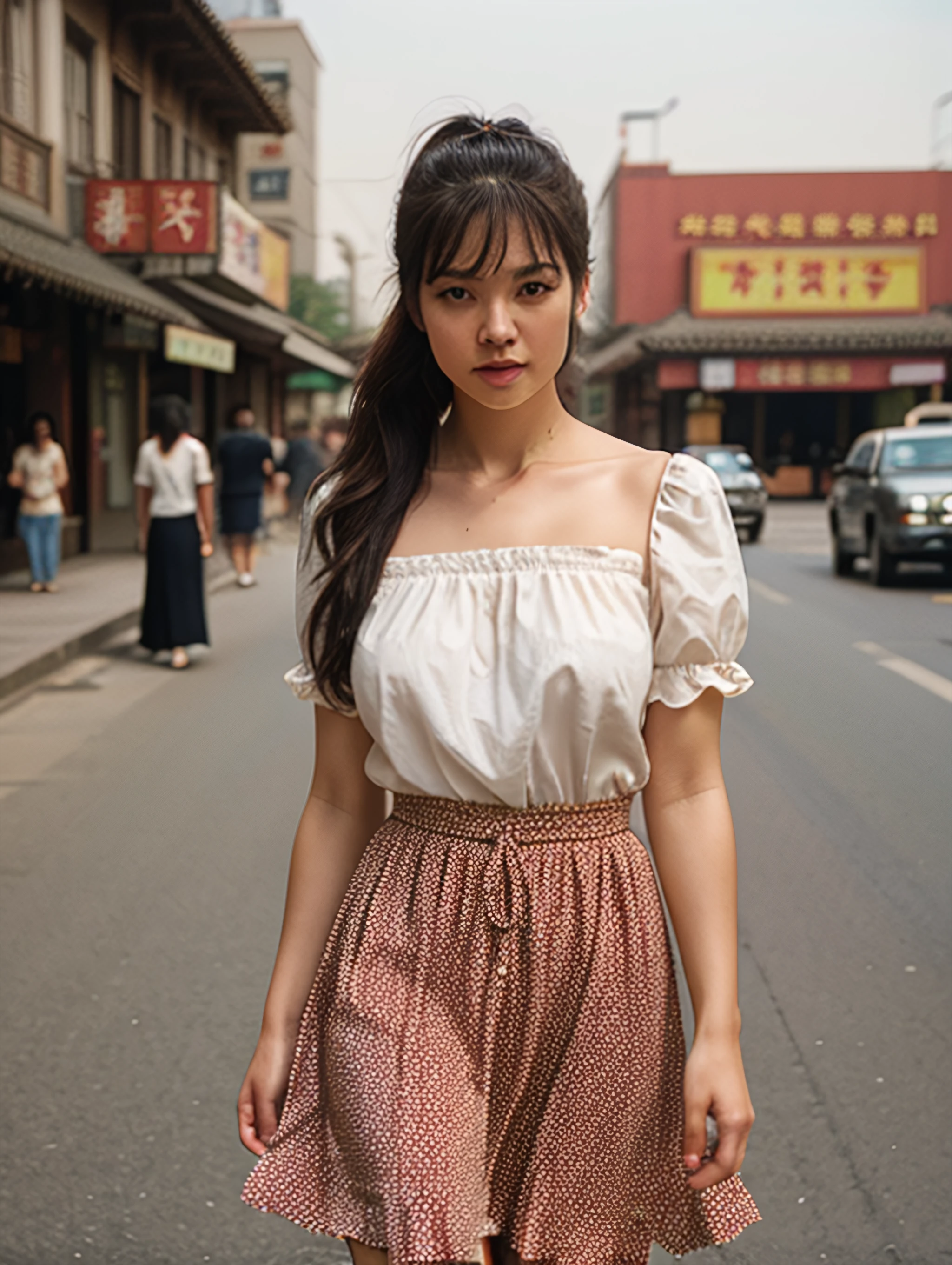 cowboy shot, bokeh:1.2, (small_head), outdoors, 1980s \(style\), beijing, China, vintage details, streetscape of beijing in 1980s, 
1 girl,fit, solo,  dress, (long skirt:1.2), short sleeves, 
medium_breasts:1.2, black_hair, floating_hair,  ponytail,  tiny_waist, realistic_detailed_skin_texture,  good hands, good feet, This scene should be captured on 35mm film, with a beautiful depth of field and a slightly blurry, nostalgic background, film portrait photography, 35mm film, professional soft lighting, light on face