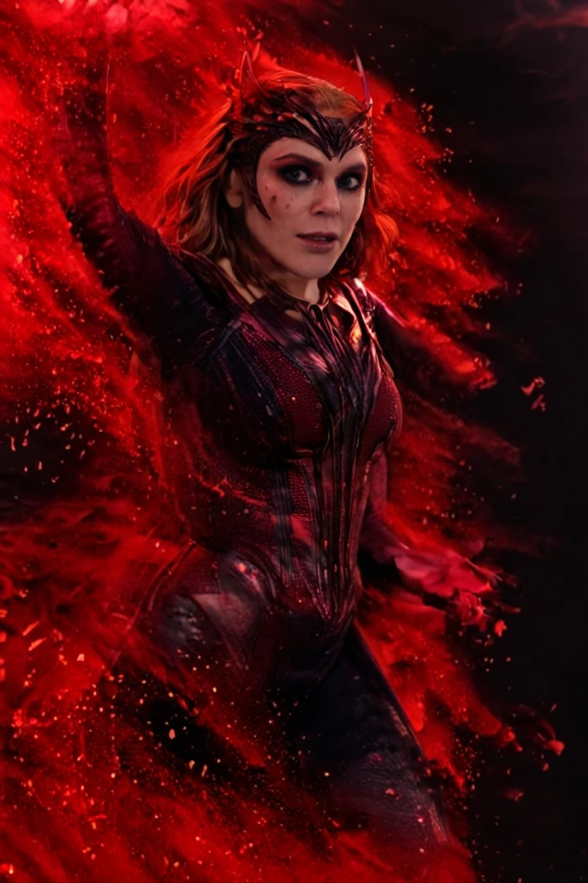 <lora:Scarlet_Witch_XL:0.8> scarlet witch posing, (cherry red splash), dark background <lora:colorSplash:1> . 35mm photograph, film, bokeh, professional, shot by zanele muholi, 4k, highly detailed