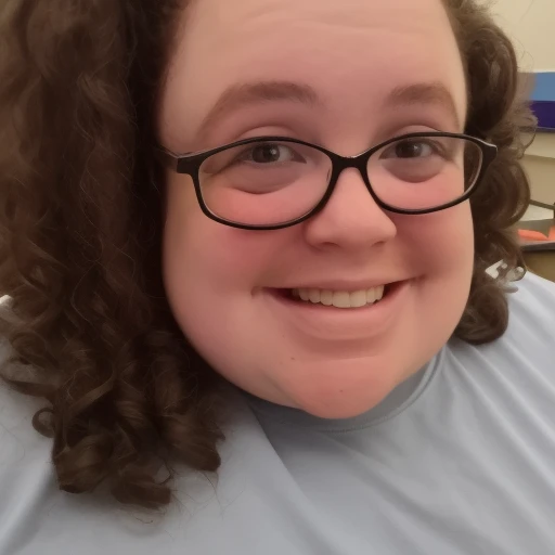 young, glasses, school, chubby, thick curly brown hair, high quality