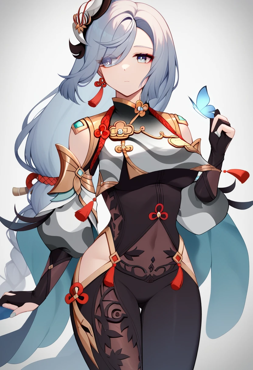 score_9,score_8_up,score_7_up,<lora:shenhe:1>,1girl,absurdres,bare_shoulders,black_bodysuit,black_gloves,blue_butterfly,blue_eyes,breast_curtain,calamity_queller_\(genshin_impact\),closed_mouth,covered_navel,expressionless,eyelashes,eyes_visible_through_hair,floating_hair,gold_trim,hair_between_eyes,hair_ornament,hair_over_one_eye,hand_up,highres,hip_vent,kuji-in,looking_to_the_side,low-braided_long_hair,low-tied_long_hair,partially_fingerless_gloves,shenhe_\(genshin_impact\),sidelocks,single_braid,single_earring,solo,swept_bangs,tassel_earrings,thighs,very_long_hair,white_hair,