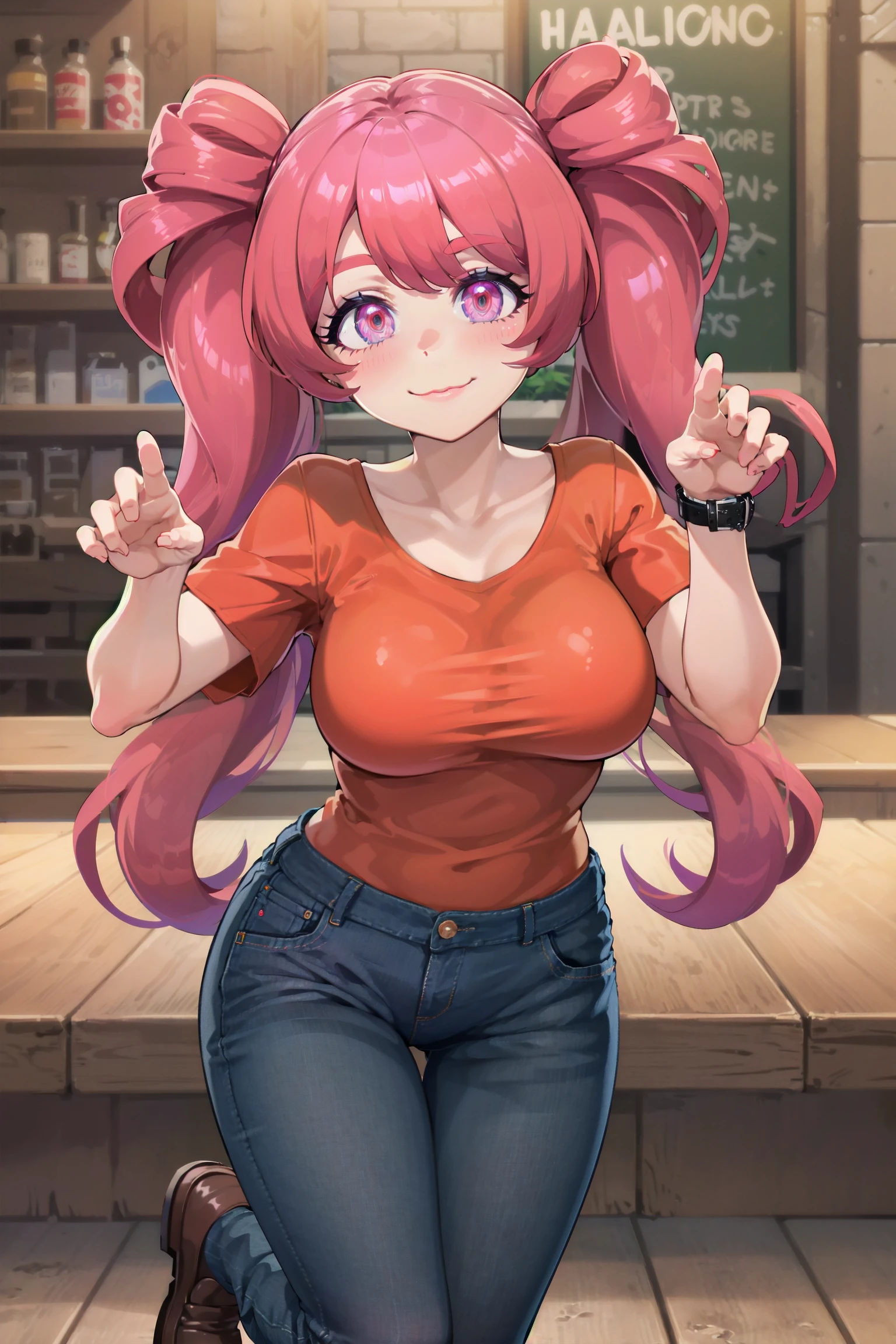 absurdres, high detail, uhd, restaurant, meat, boned meat,
happy smile, :3, paw pose,
solo, gula, twintails, long hair, t-shirt, orange shirt, denim pants, wristwatch, loafers,
<lora:MGCM-gula-t1-000100:0.7>