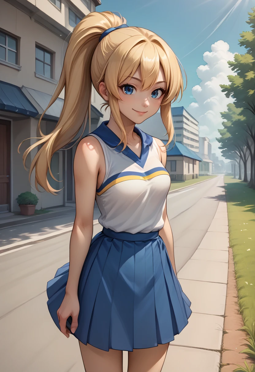 score_9, score_8_up, source_anime, 1girl, solo, blonde hair, blue eyes, long hair, ponytail, HaruCheerUniform, sleeveless, blue skirt, smile, outdoors, <lora:ChamHaruCheerUniformPonyXL:1>