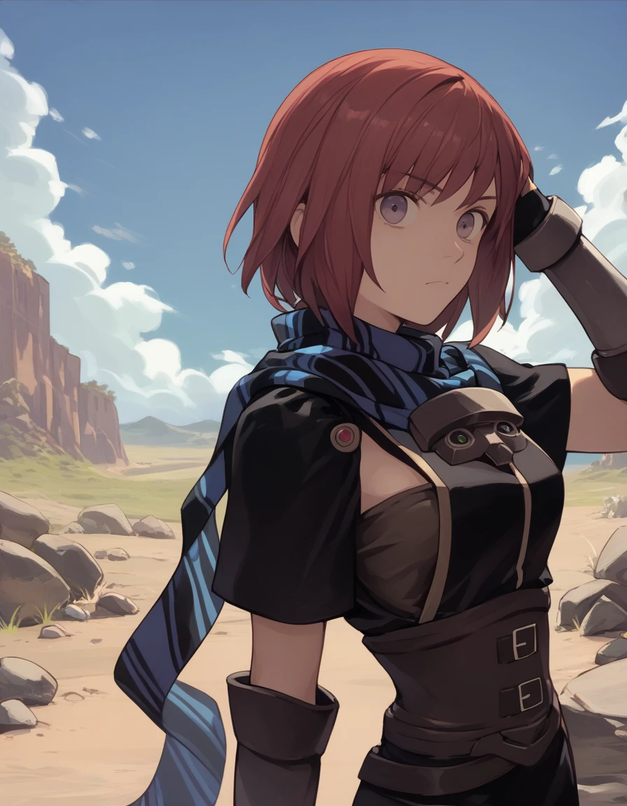 score_9,  score_8_up, score_7_up <lora:nel-zelpher-ponyxl-000020:1> nel zelpher, black dress, short dress, striped scarf, vambraces, fingerless gloves, black thighhighs,
upper body, fixing hair, looking at viewer, rocks, dirt road, sky