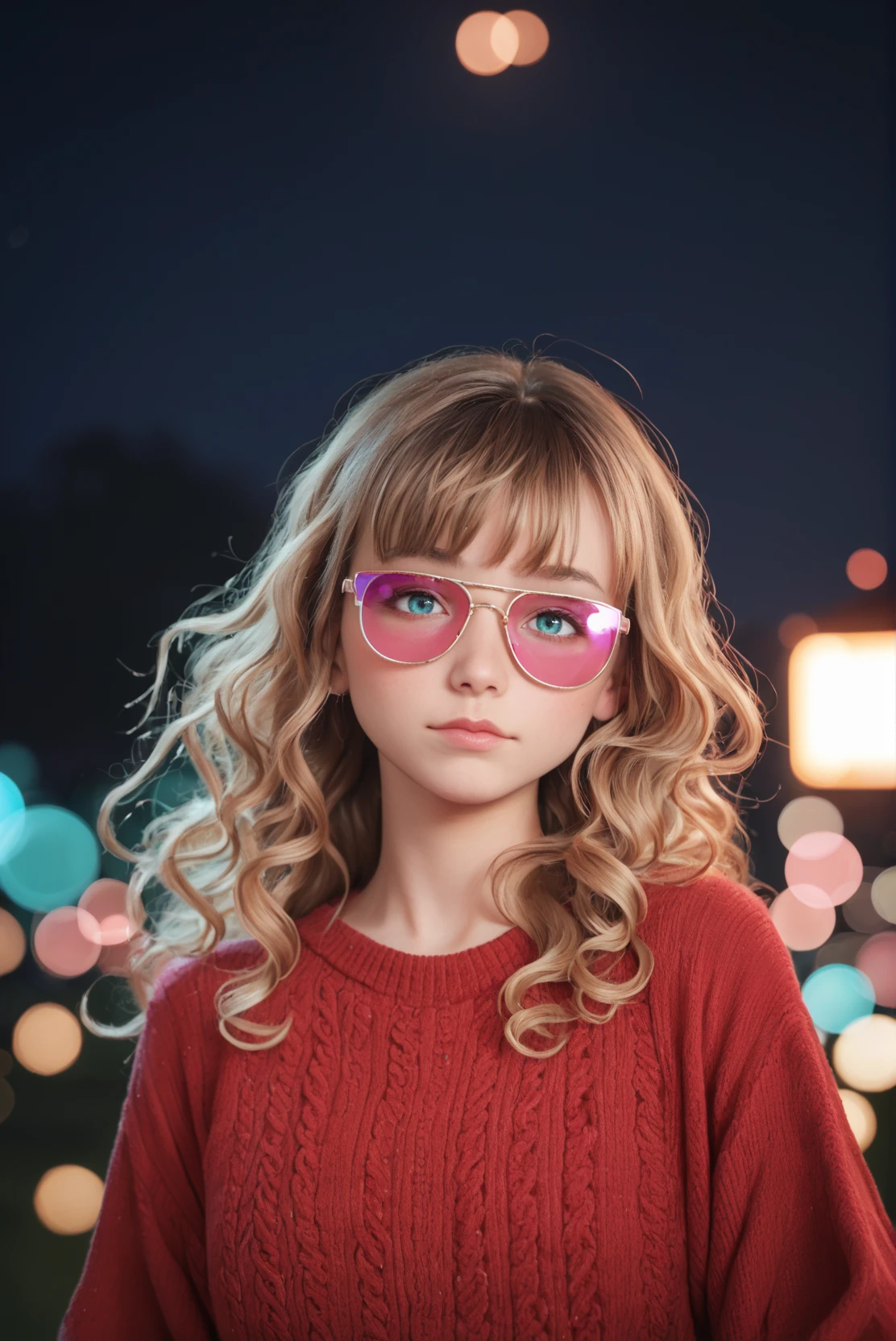 zPDXLrl, portrait of a beautiful girl with long wavy hair, bangs, at a carnival at night, wearing a sweater and pink sunglasses, cyan and magenta colors, (depth of field, bokeh:1.2) (zPDXL)