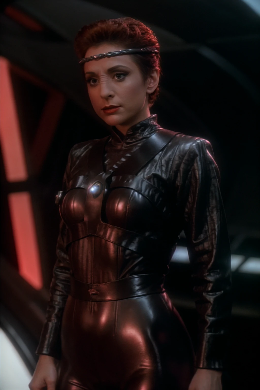 kiranerys, mirrakira , shiny bodysuit, headband, (fog:1.4), hand on hip, smug, seductive, latex pants, science fiction, (red side light), cinematic still of a stunning woman, detailed, sharp focus, dramatic, award winning, octane render, unreal engine, volumetrics dtx, )<lora:kiranerys:0.9>