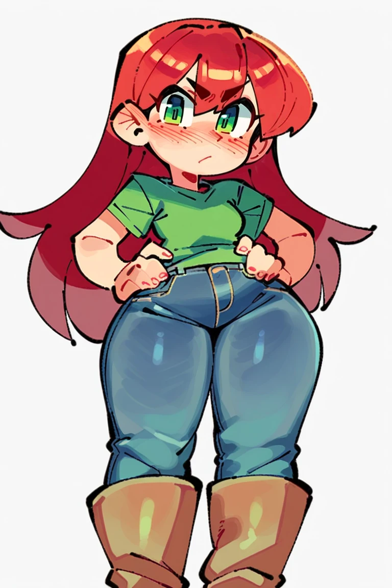 Ugly <lora:Wamudraws6:1>, score_9, score_8_up, score_7_up, score_6_up, score_5_up, rating_questionable, source cartoon
1girl, pretty face, pretty eyes, detailed eyes, HD eyes, thick thighs
hands on hips, standing, cowboy shot
looking at viewer, blush, eyebrows, long hair, red hair, green eyes jeans, green t-shirt, boots, high waisted jeans
simple background, white background