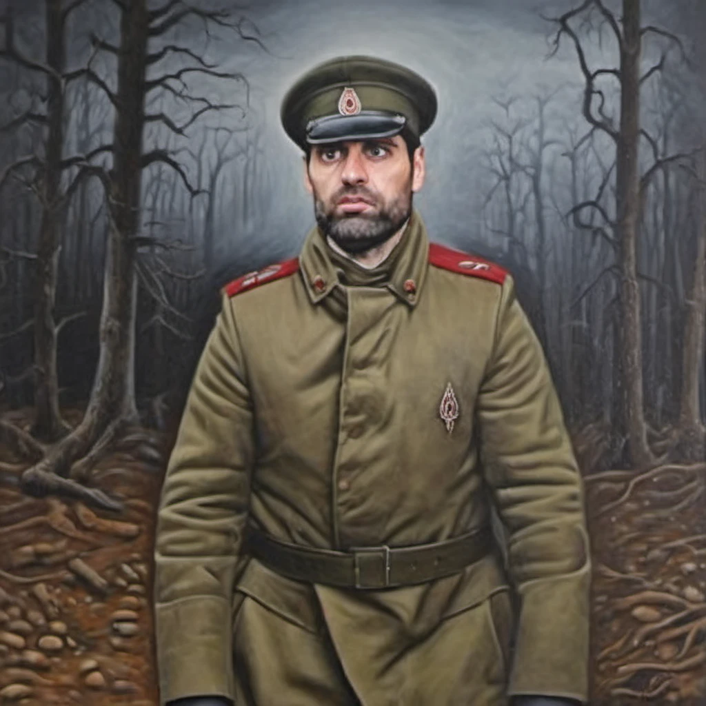 Painting of Corluka in RWWIBL Uniform,8k,1person,1man,dark skies,Dugouts,Trenches,Cemeteries,Frozen,Smoke,Choking dust,Ominous,Tenebrous,Grim,Disillusionment,Mourning,Tangled roots,Alla prima,Leading lines,Earth tones,dark,ultra detailed,intricate,surrealism,oil on canvas,dry brush
forest <lora:RWWIBL_uniform:1> <lora:corluka_sdzl:1>