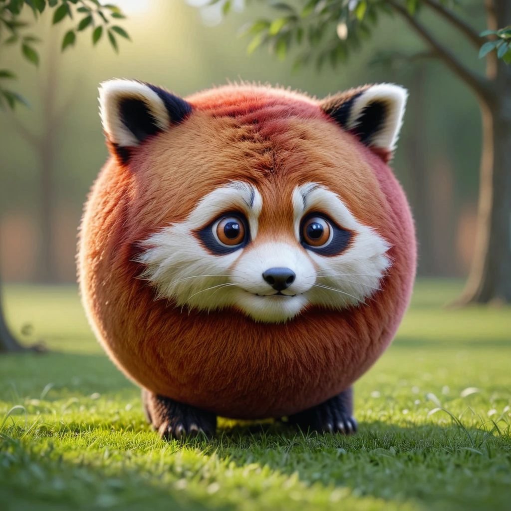 3d render of a sphrml spherical red pandain a field, tree in background <lora:spherimal:1>