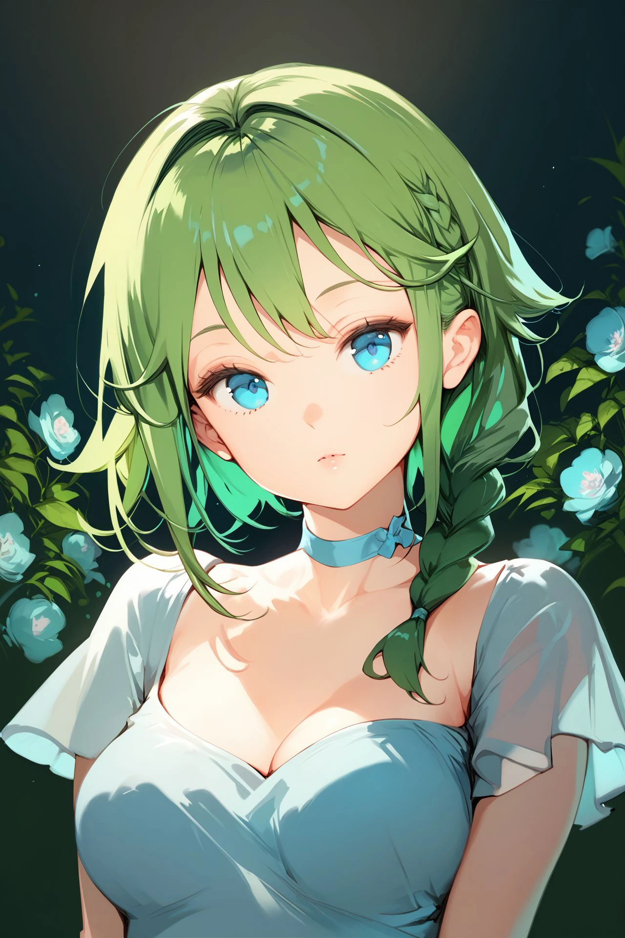 score_9, score_8_up, score_7_up, 1girl, furrowed_brow, looking at viewer, dark_green hair, hair_over_one_eye, front_braid, light_blue eyes, medium breasts, tulle, choker, head tilt, beautiful background, <lora:Anmi_PonyXL_style_v01:1>