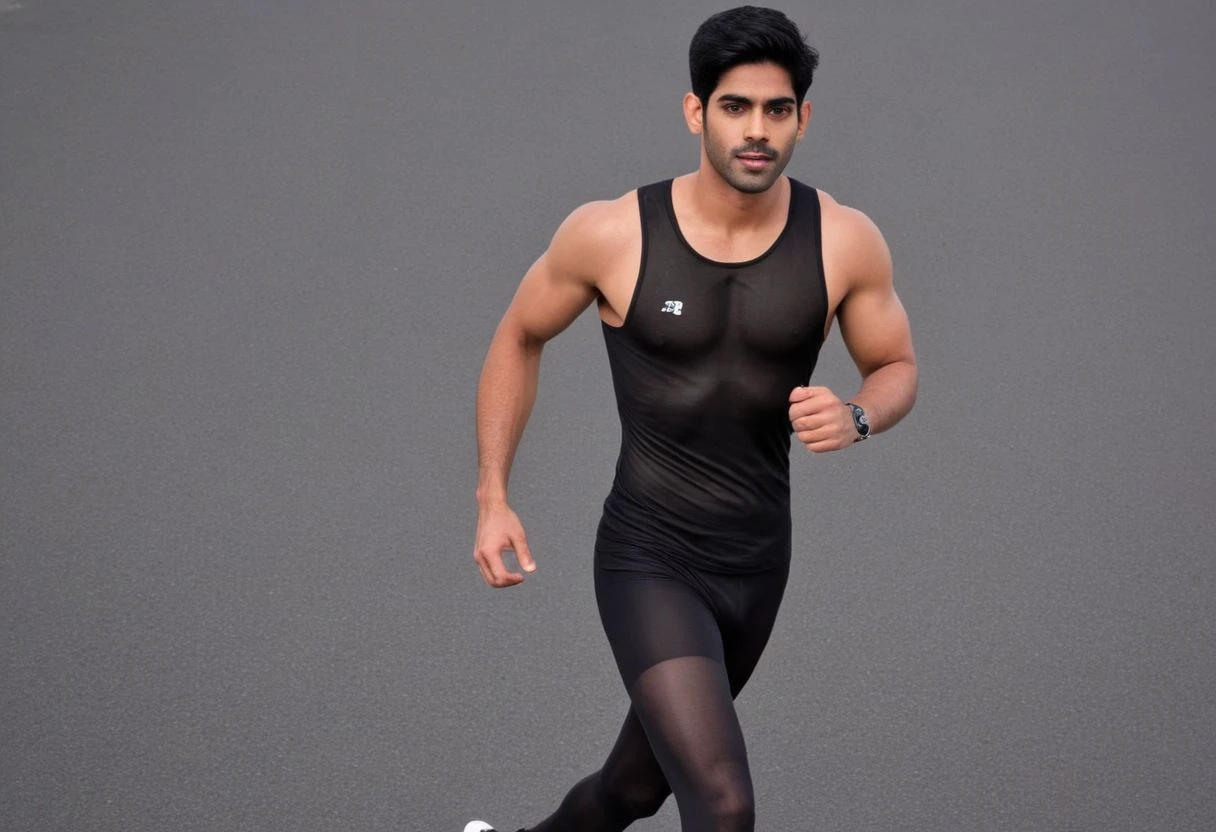 Homoerotic full body photograph of Sacha Dhawan a man <lora:Rishabh-Jaiswal_Sacha-Dhawan:0.6>, <lora:SMUXL:1>, smusmu, black sheer see-through tights, marathon running in street, full body, HDR, high quality, chest,