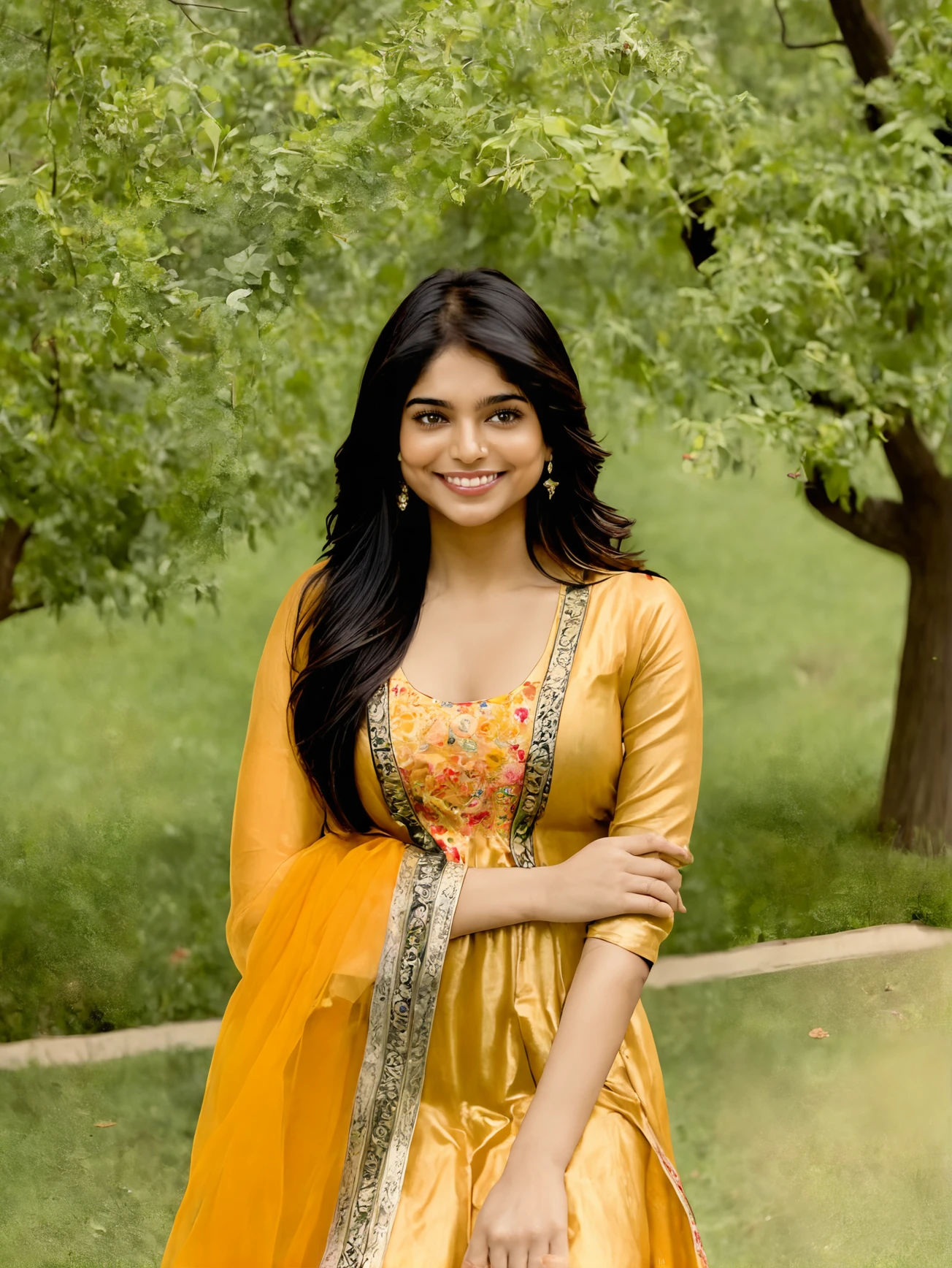 A portrait of an Pakistani woman gazes alluringly at the camera, showcasing her long, medium boobs, hot body ,silky black curly hair and enchanting dark brown eyes, wearing an yellow saree and standing in sunflowers farm , wearing silver earings,full body shot, 8k HDR, high detailed, with a soft smile that radiates confidence, set against a bustling mall backdrop with luxury boutiques in view, capturing her vibrant spirit and traditional beauty realistic image.