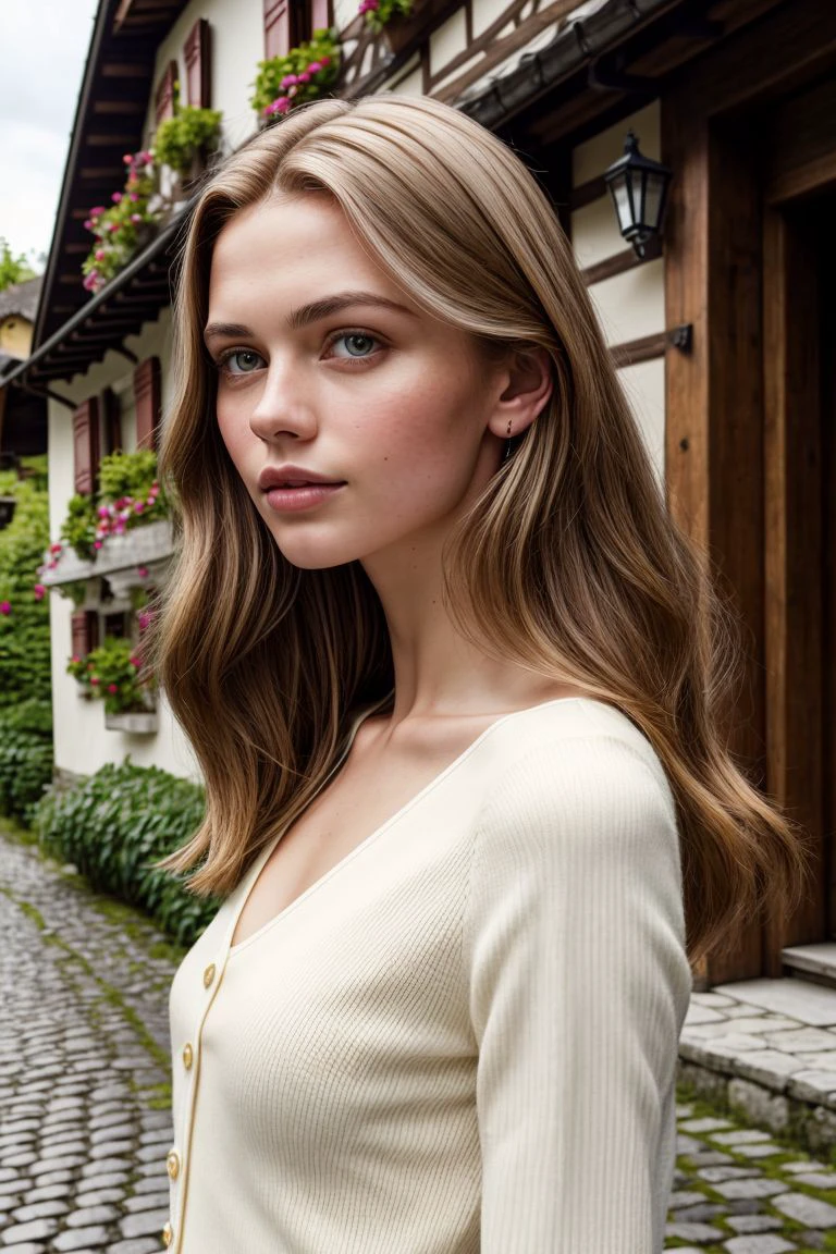 European woman, closeup, (shirt), pants, (swiss village streetview), (), ZM_iolanda, wide shoulders, perfect face, (contact iris: 1.1), pale skin, skin pores , depth of field
