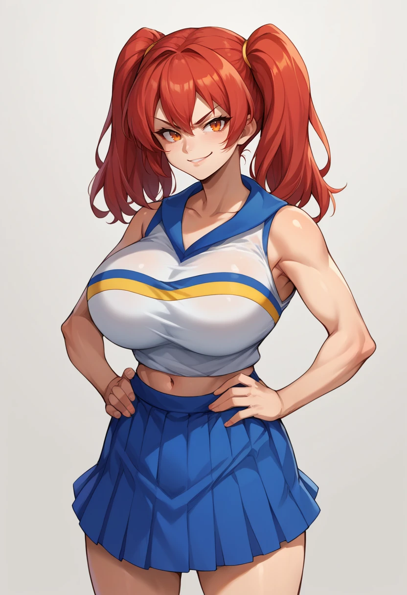 score_9, score_8_up, source_anime, 1girl, solo, red hair, twintails, orange eyes, huge breasts, slight midriff, HaruCheerUniform, sleeveless, blue skirt, smirk, hands on hips, <lora:ChamHaruCheerUniformPonyXL:1>