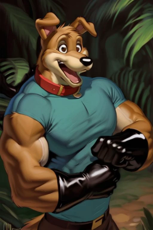 (by Meesh), (by darkgem:0.8), (by chunie:1), masterpiece,, detailed fur, portrait,looking at viewer, detailed eyes, male, anthro, <slora:add_detail:0.3> ((Hunter, Road Rovers, male, anthro, muscular, brown eyes, red collar, dog collar, jungle background, detailed background, green shirt, flexing, black gloves, open mouth))